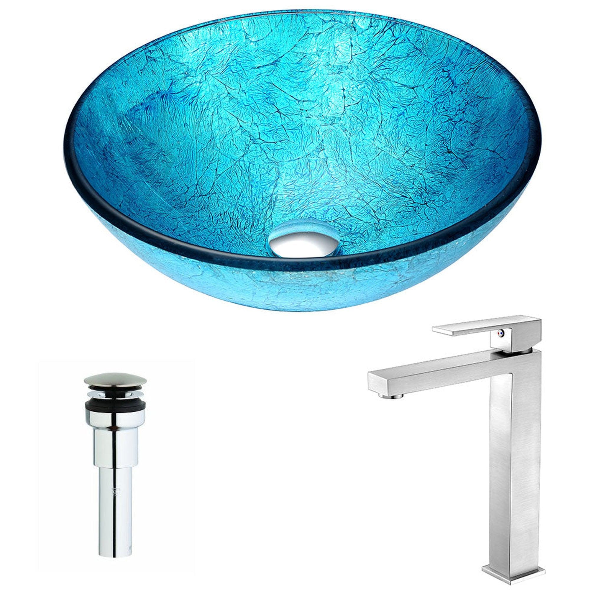 ANZZI, ANZZI Accent Series 17" x 17" Round Blue Ice Deco-Glass Vessel Sink With Chrome Pop-Up Drain and Brushed Nickel Enti Faucet