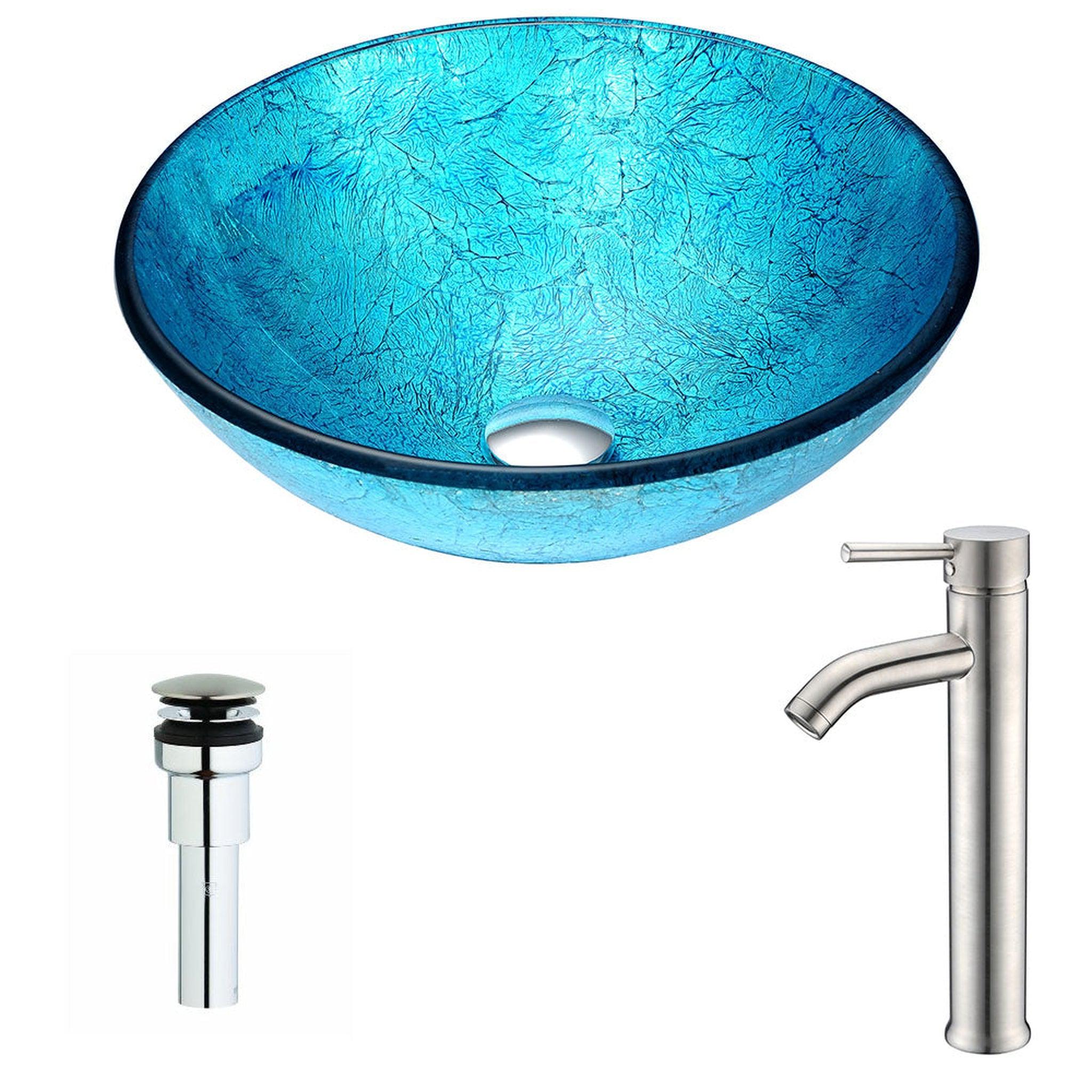 ANZZI, ANZZI Accent Series 17" x 17" Round Blue Ice Deco-Glass Vessel Sink With Chrome Pop-Up Drain and Brushed Nickel Fann Faucet