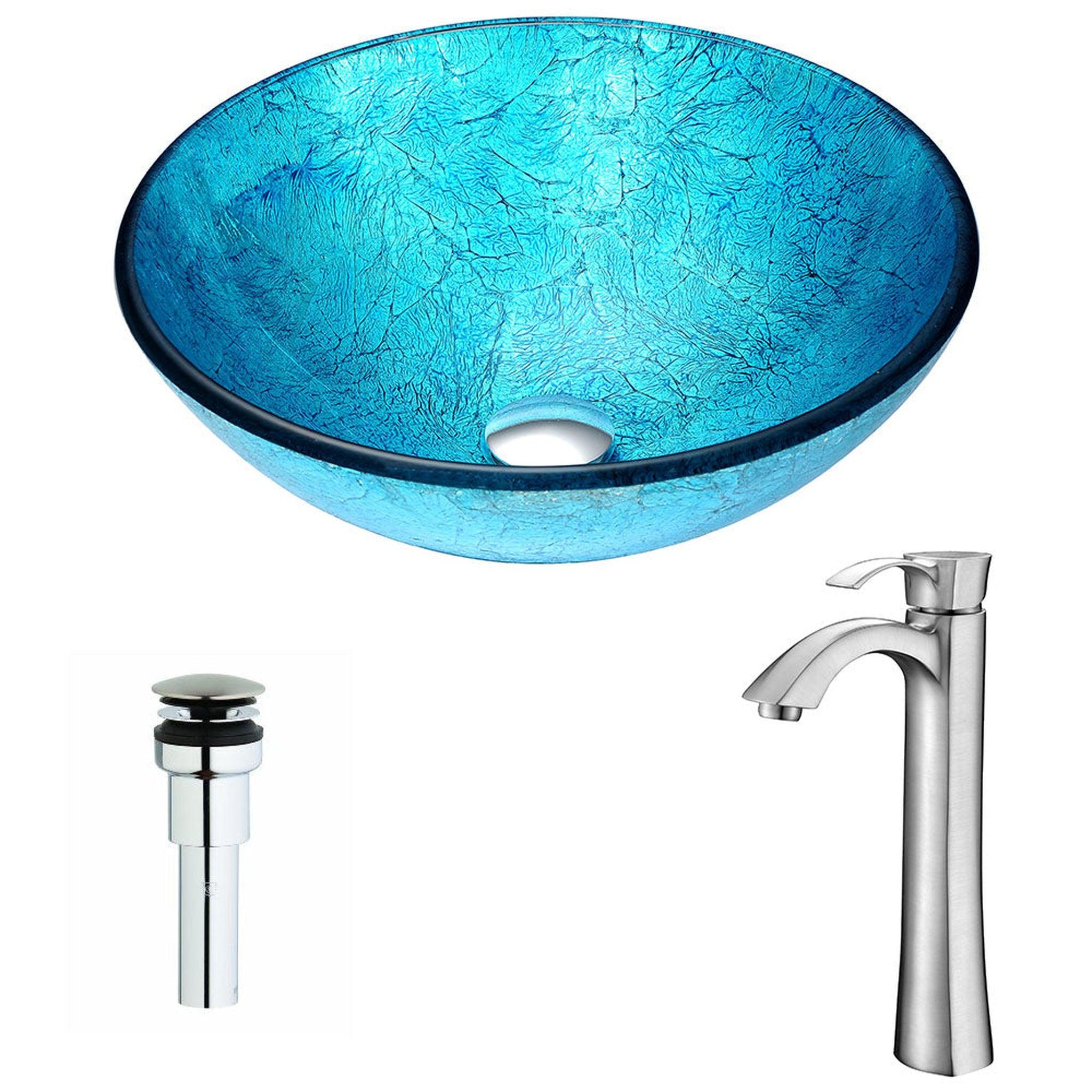 ANZZI, ANZZI Accent Series 17" x 17" Round Blue Ice Deco-Glass Vessel Sink With Chrome Pop-Up Drain and Brushed Nickel Harmony Faucet