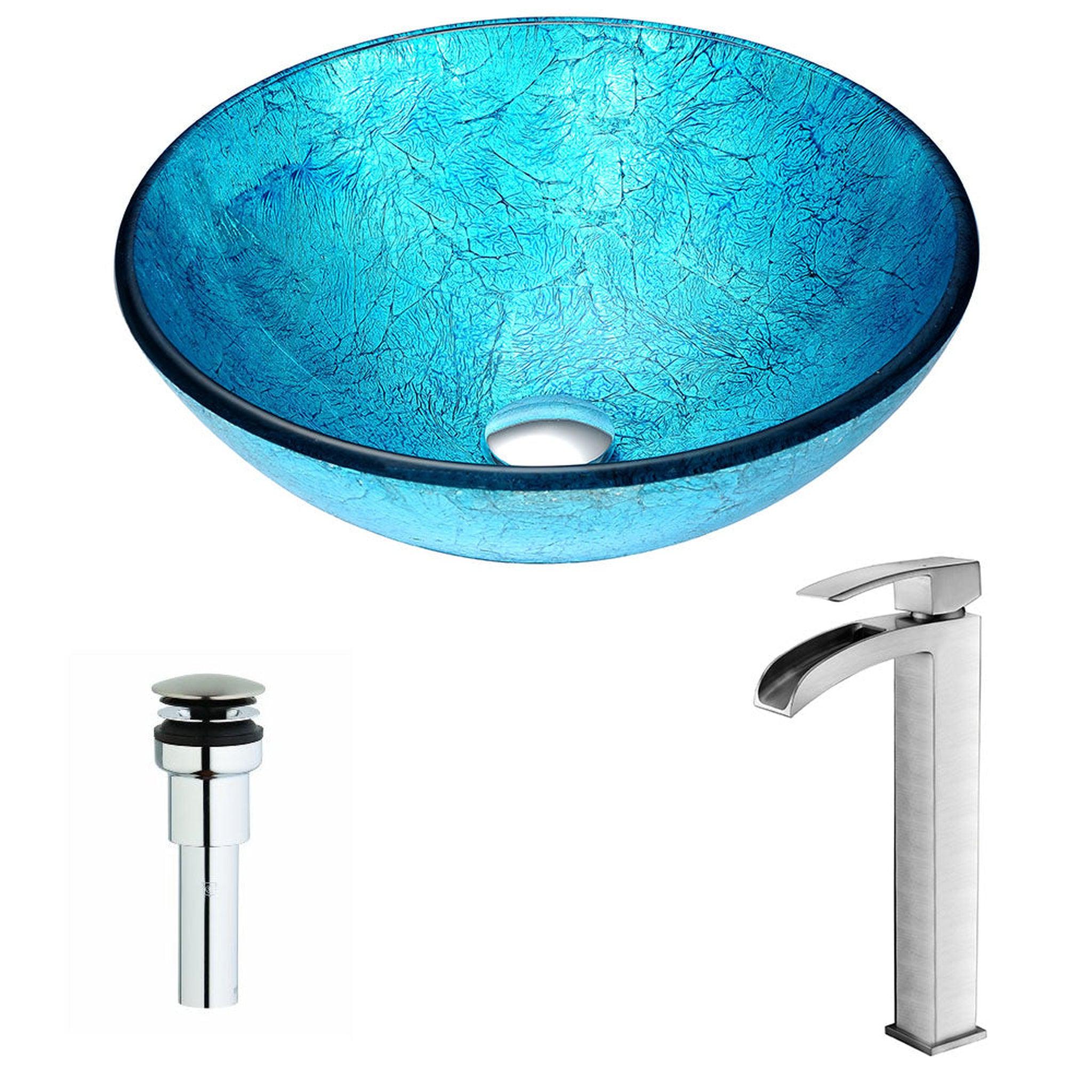 ANZZI, ANZZI Accent Series 17" x 17" Round Blue Ice Deco-Glass Vessel Sink With Chrome Pop-Up Drain and Brushed Nickel Key Faucet