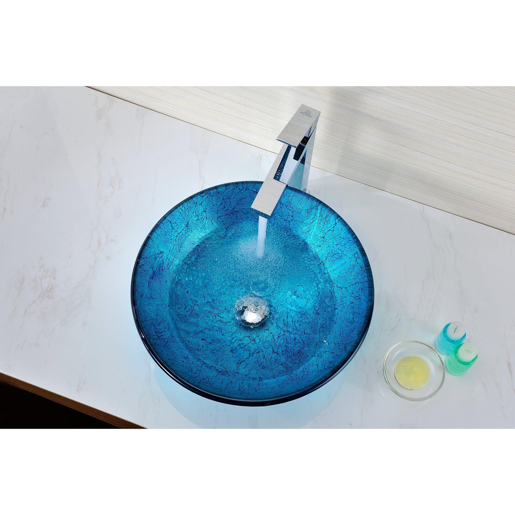 ANZZI, ANZZI Accent Series 17" x 17" Round Blue Ice Deco-Glass Vessel Sink With Polished Chrome Pop-Up Drain