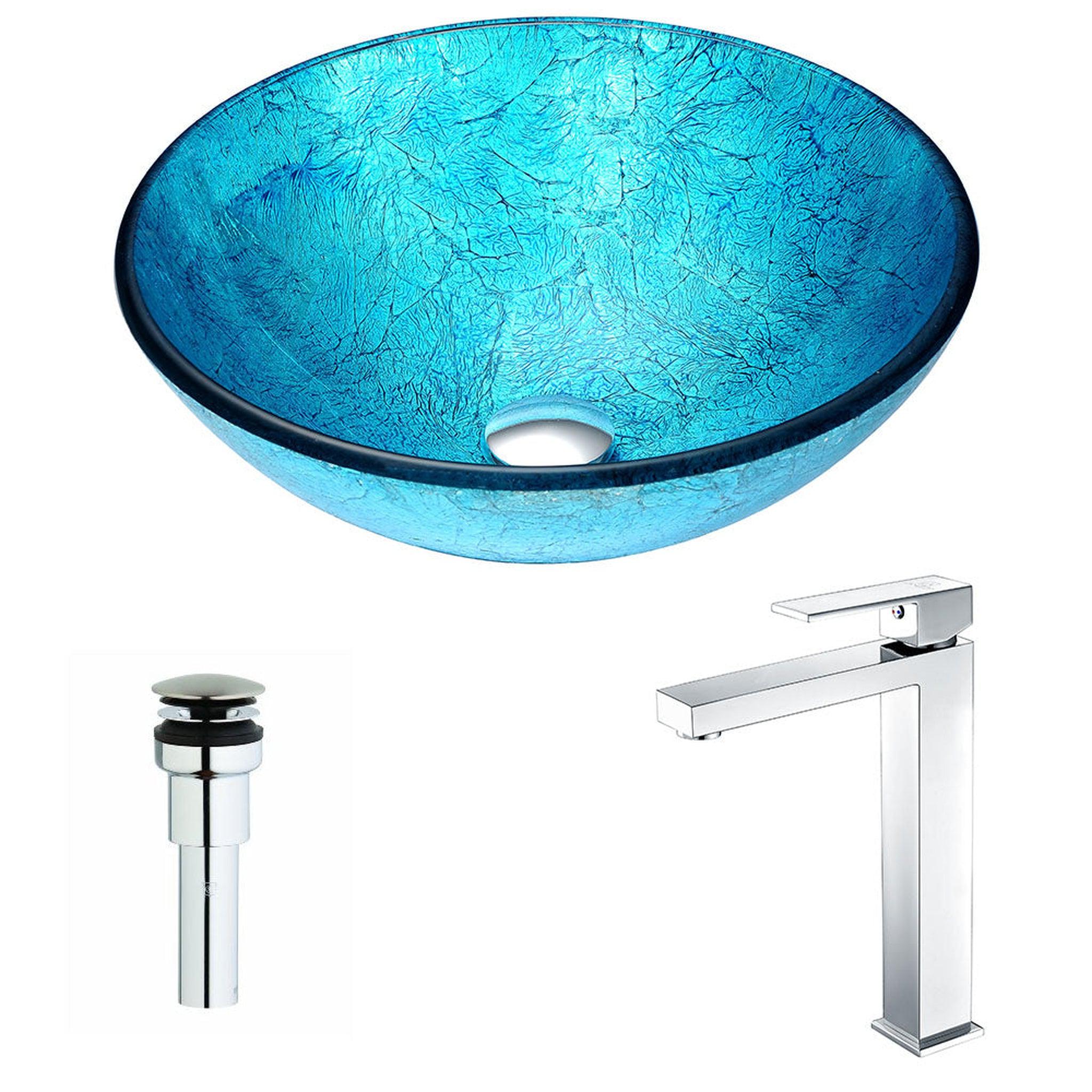 ANZZI, ANZZI Accent Series 17" x 17" Round Blue Ice Deco-Glass Vessel Sink With Polished Chrome Pop-Up Drain and Enti Faucet