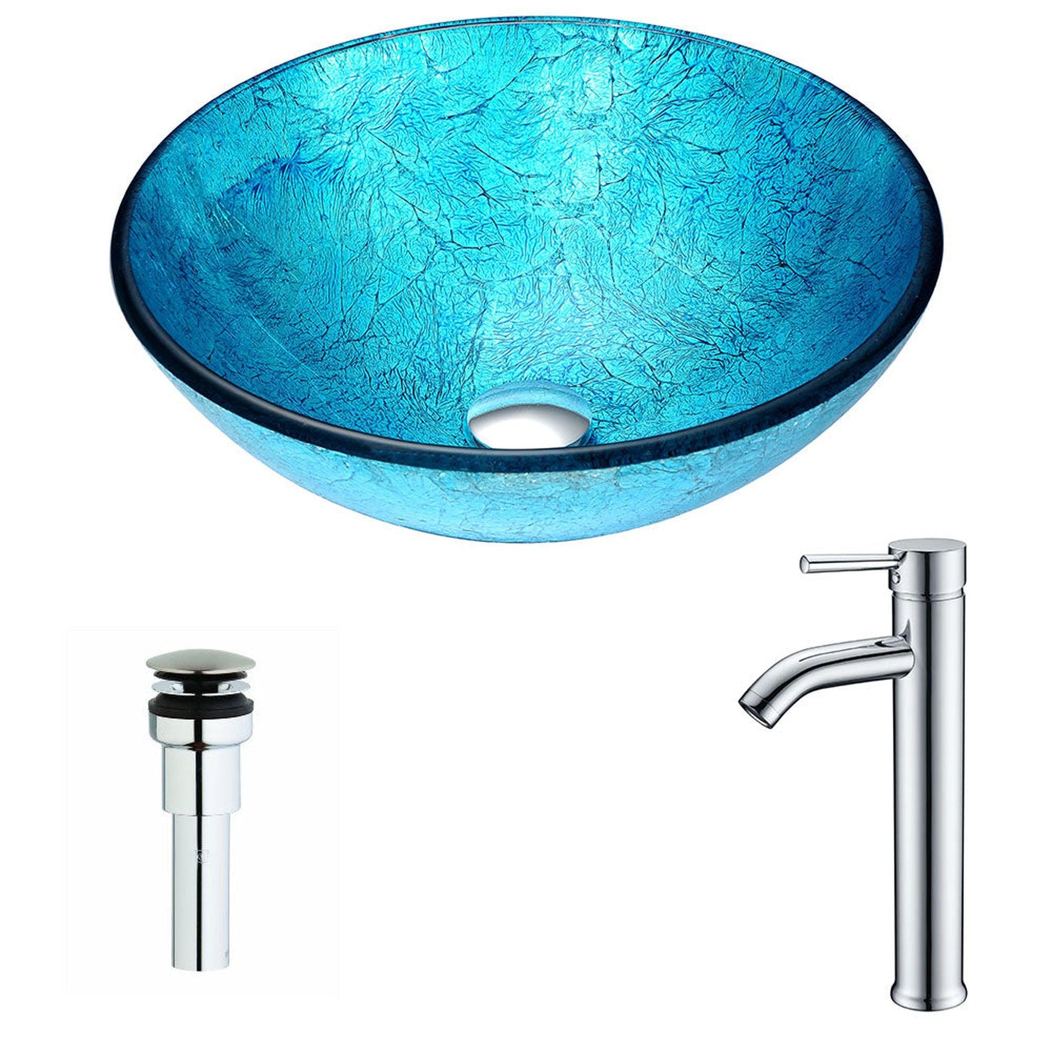 ANZZI, ANZZI Accent Series 17" x 17" Round Blue Ice Deco-Glass Vessel Sink With Polished Chrome Pop-Up Drain and Fann Faucet