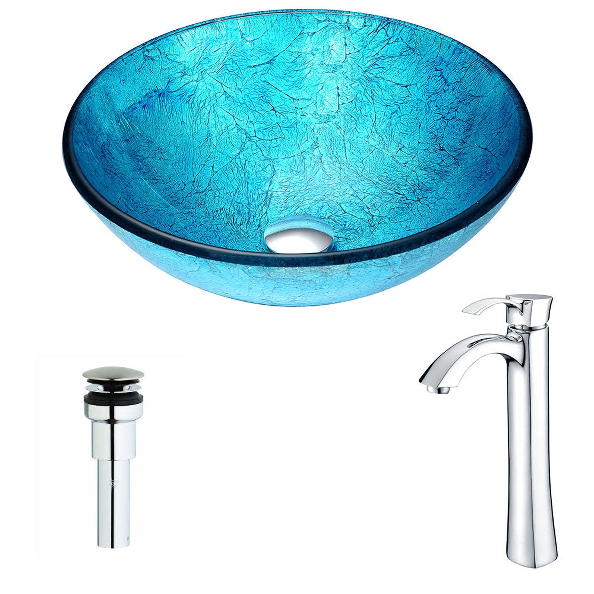 ANZZI, ANZZI Accent Series 17" x 17" Round Blue Ice Deco-Glass Vessel Sink With Polished Chrome Pop-Up Drain and Harmony Faucet