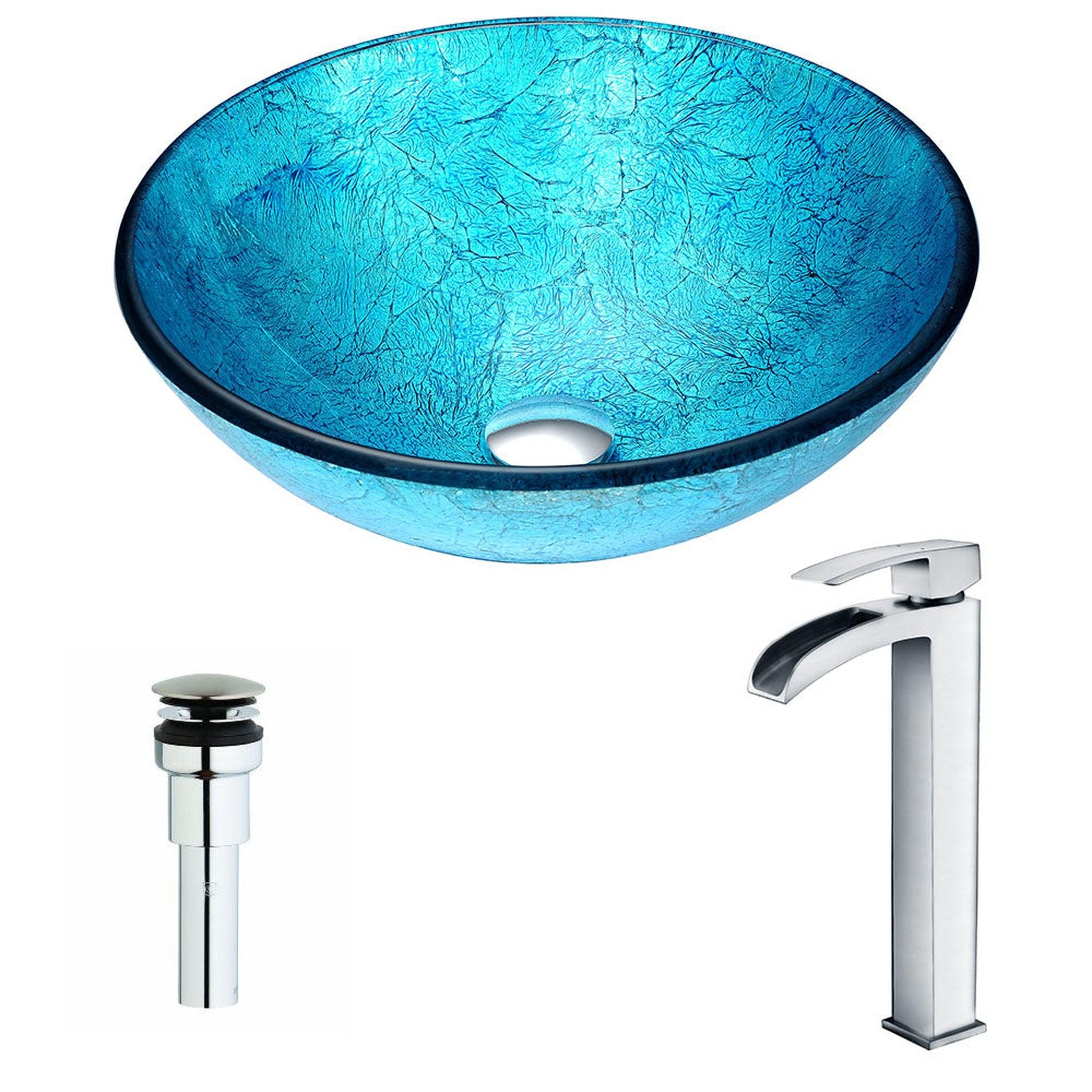 ANZZI, ANZZI Accent Series 17" x 17" Round Blue Ice Deco-Glass Vessel Sink With Polished Chrome Pop-Up Drain and Key Faucet