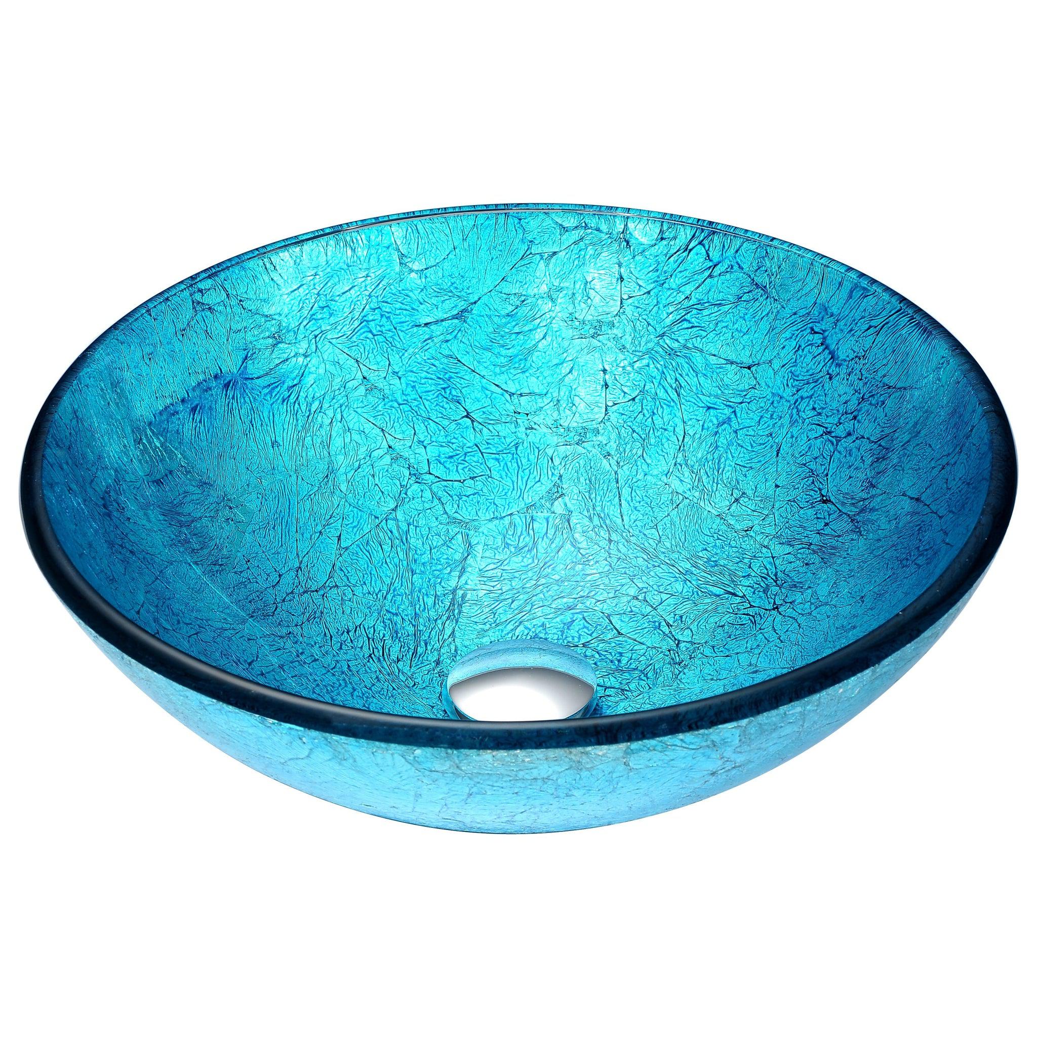 ANZZI, ANZZI Accent Series 17" x 17" Round Blue Ice Deco-Glass Vessel Sink With Polished Chrome Pop-Up Drain