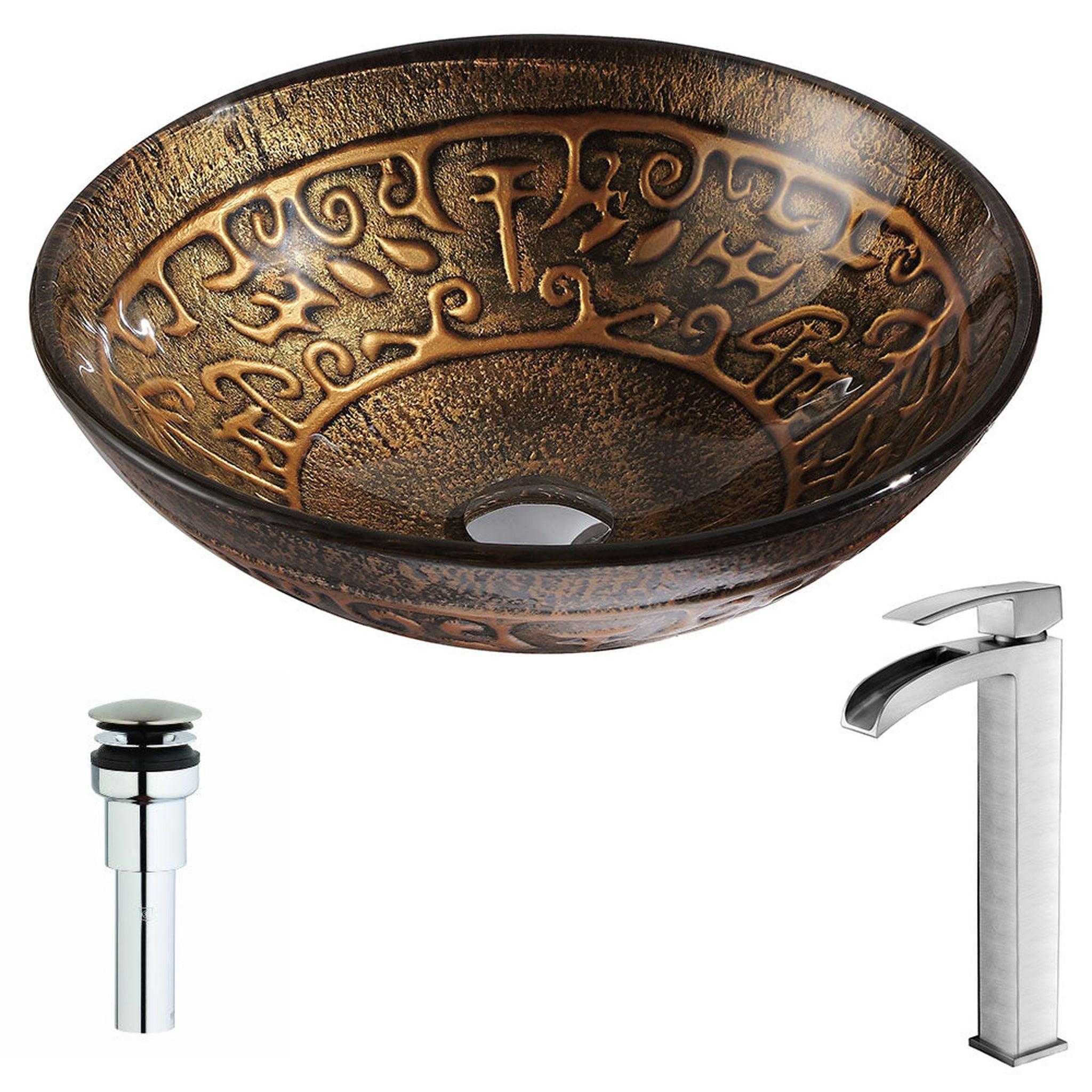 ANZZI, ANZZI Alto Series 17" x 17" Round Lustrous Brown Deco-Glass Vessel Sink With Chrome Pop-Up Drain and Brushed Nickel Fann Faucet