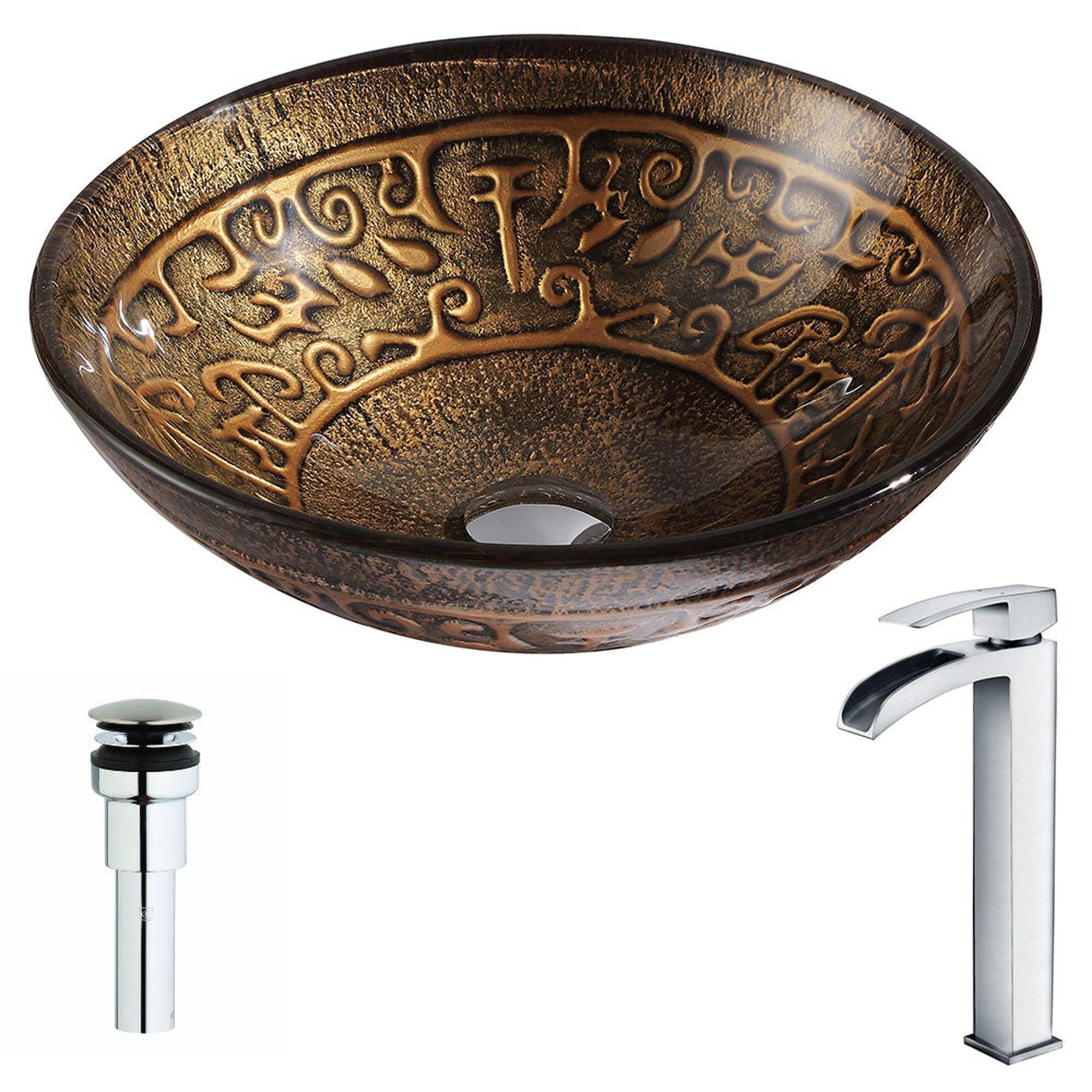 ANZZI, ANZZI Alto Series 17" x 17" Round Lustrous Brown Deco-Glass Vessel Sink With Chrome Pop-Up Drain and Key Faucet