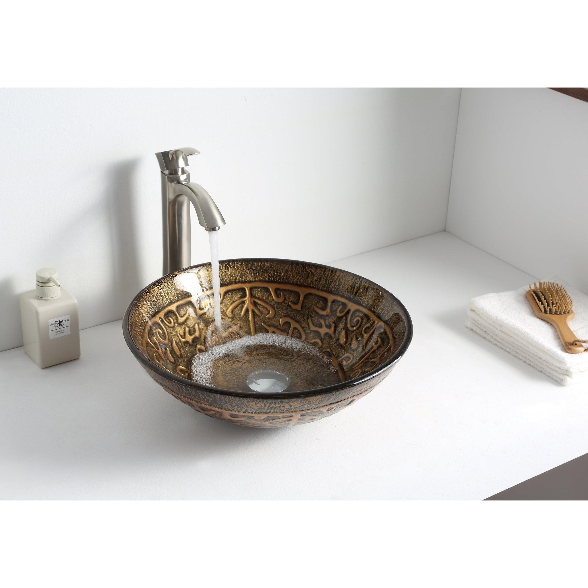 ANZZI, ANZZI Alto Series 17" x 17" Round Lustrous Brown Deco-Glass Vessel Sink With Polished Chrome Pop-Up Drain