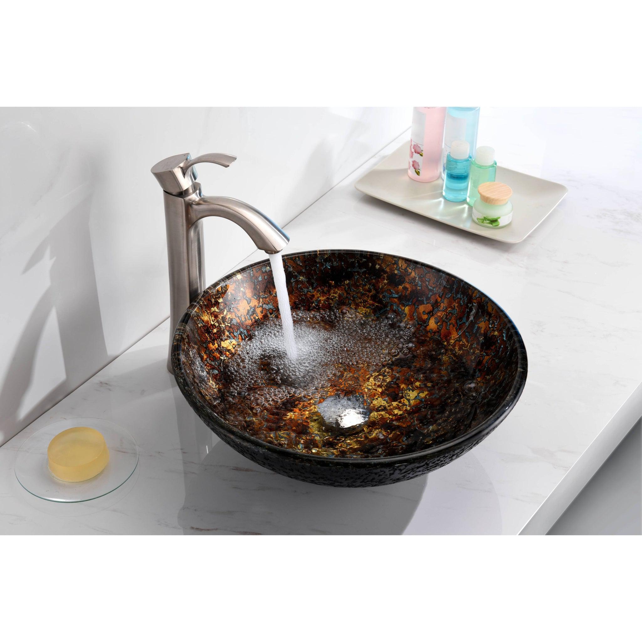 ANZZI, ANZZI Alto Series 17" x 17" Round Molten Gold Deco-Glass Vessel Sink With Polished Chrome Pop-Up Drain