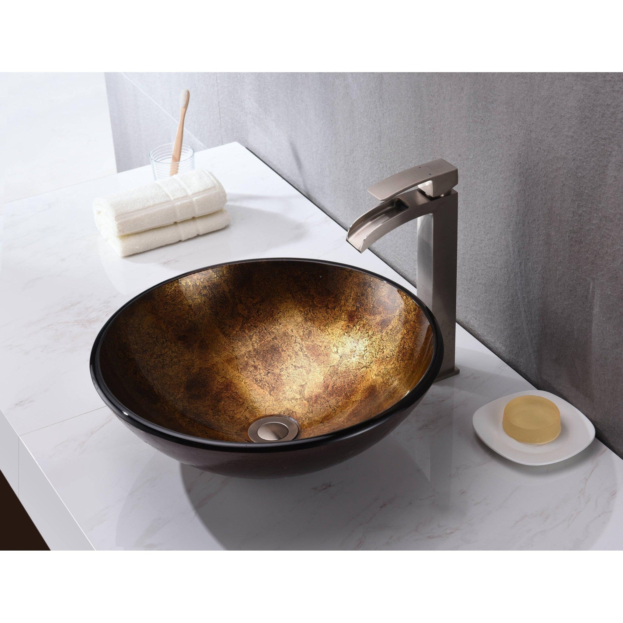 ANZZI, ANZZI Arc Series 17" x 17" Round Autumn Dusk Deco-Glass Vessel Sink With Polished Chrome Pop-Up Drain