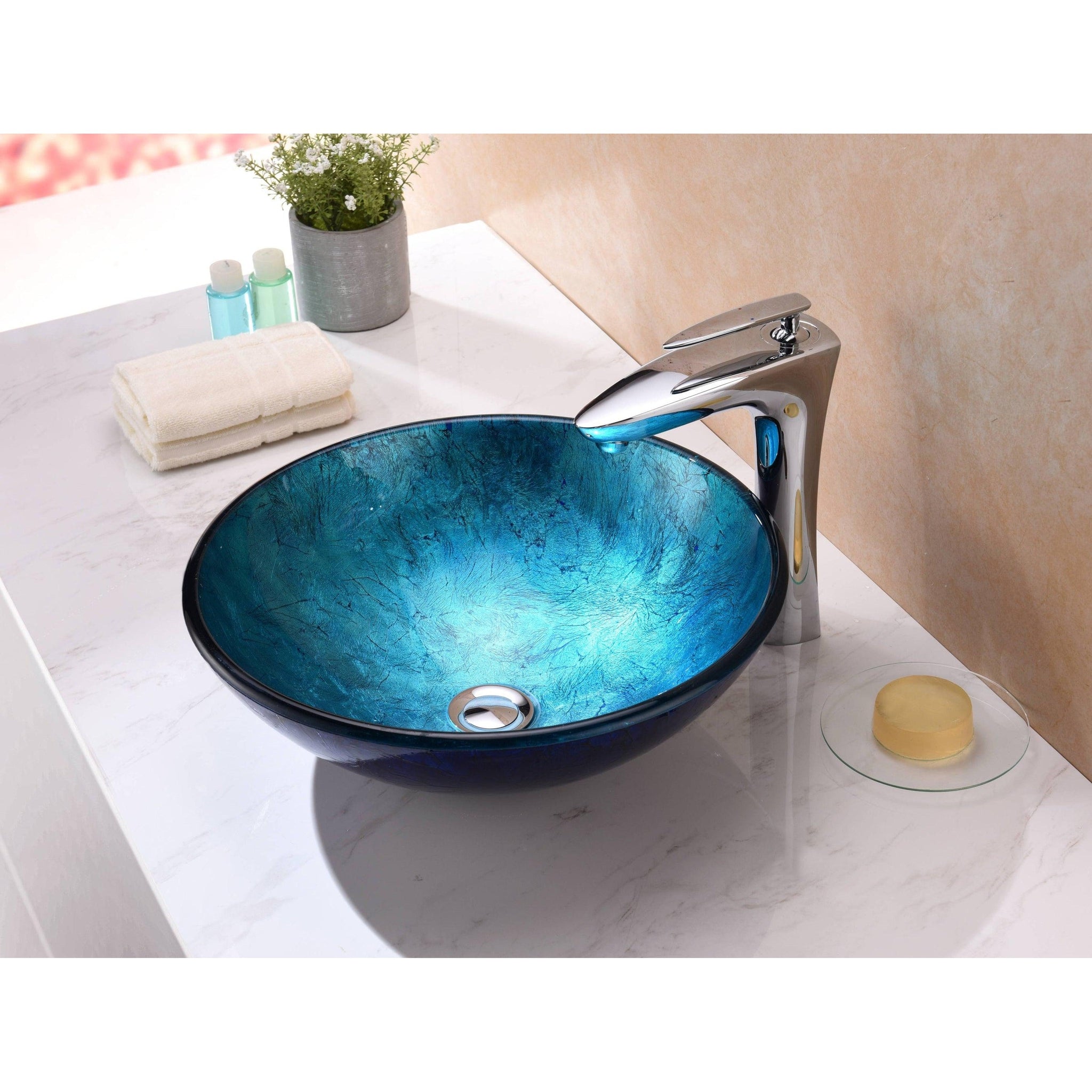 ANZZI, ANZZI Arc Series 17" x 17" Round Frosted Blue Deco-Glass Vessel Sink With Polished Chrome Pop-Up Drain