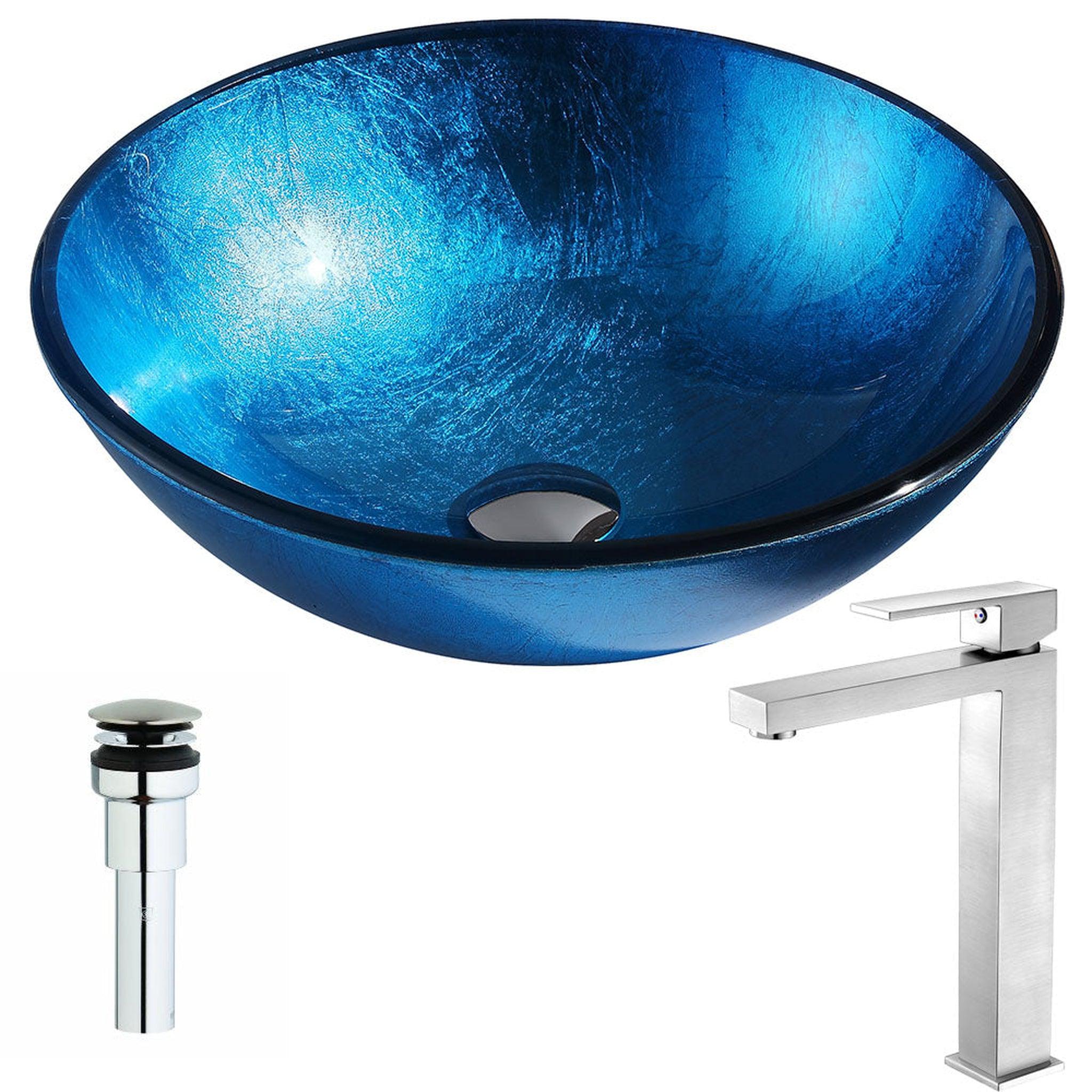 ANZZI, ANZZI Arc Series 17" x 17" Round Lustrous Light Blue Deco-Glass Vessel Sink With Chrome Pop-Up Drain and Brushed Nickel Enti Faucet