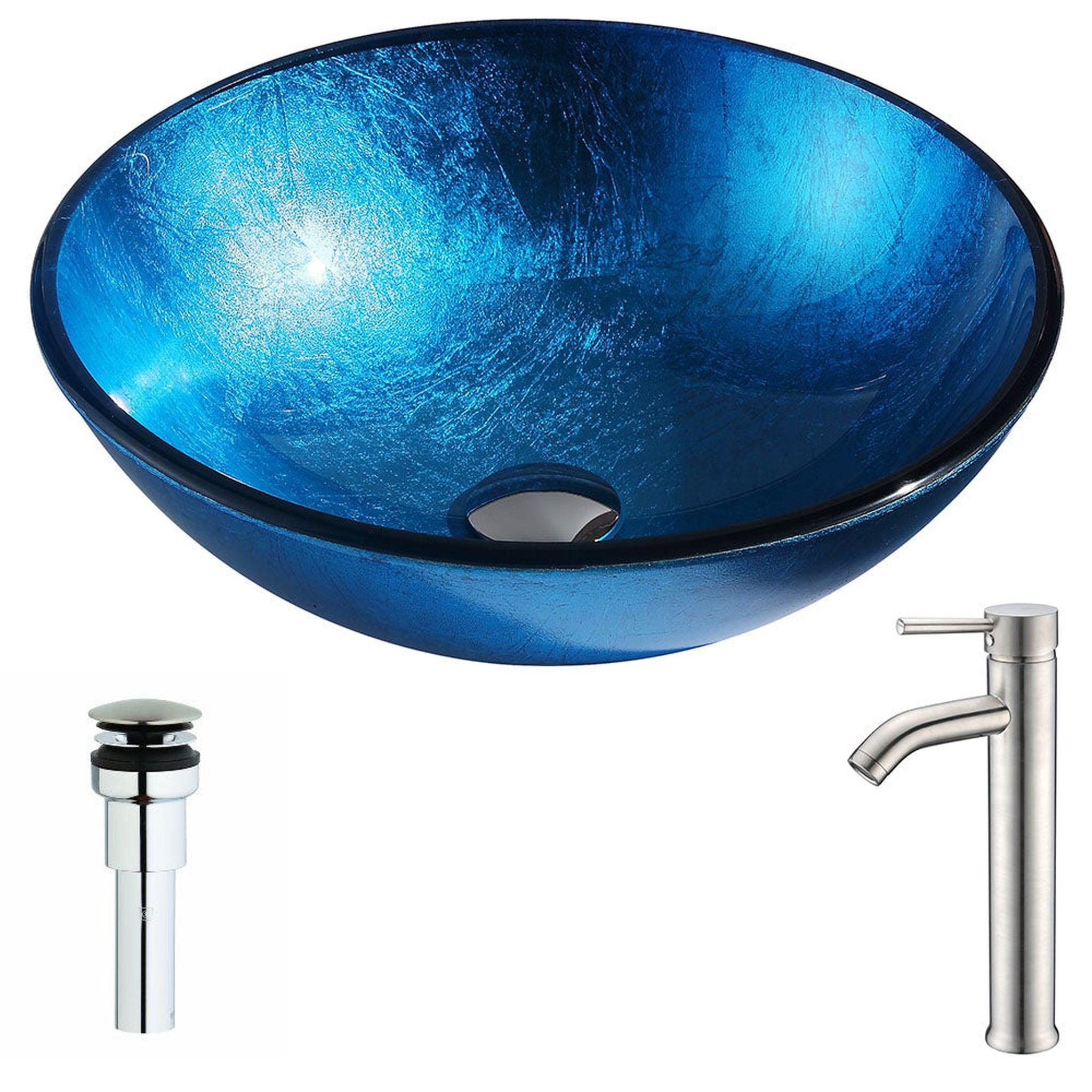 ANZZI, ANZZI Arc Series 17" x 17" Round Lustrous Light Blue Deco-Glass Vessel Sink With Chrome Pop-Up Drain and Brushed Nickel Fann Faucet