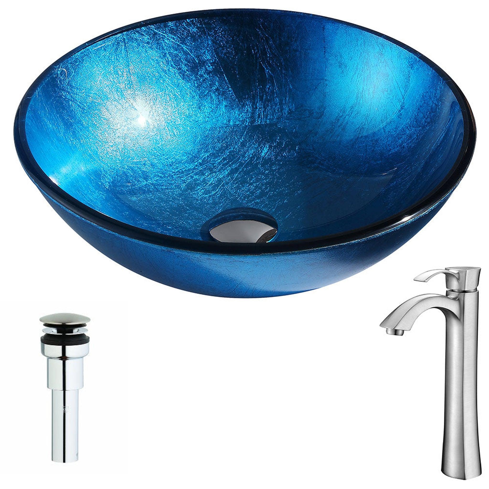 ANZZI, ANZZI Arc Series 17" x 17" Round Lustrous Light Blue Deco-Glass Vessel Sink With Chrome Pop-Up Drain and Brushed Nickel Harmony Faucet