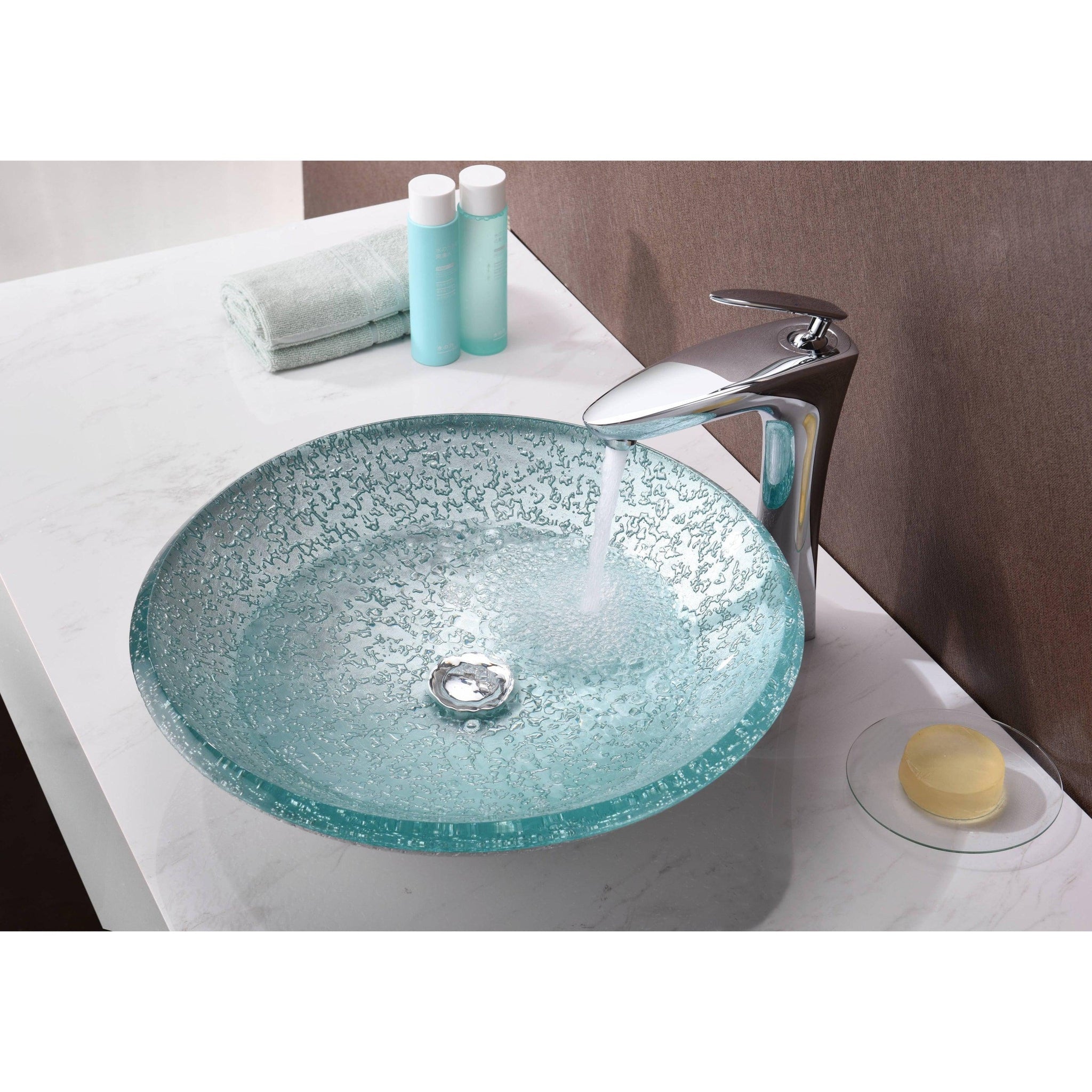 ANZZI, ANZZI Arc Series 18" x 18" Round Clear Glass Vessel Sink With Polished Chrome Pop-Up Drain