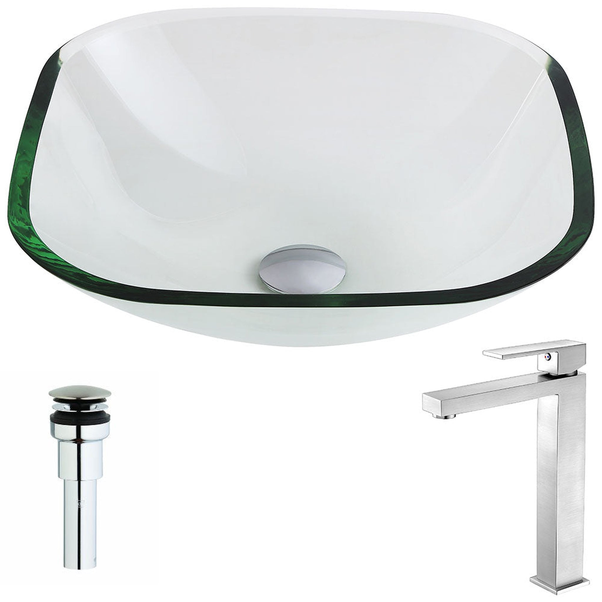 ANZZI, ANZZI Cadenza Series 17" x 17" Square Shape Lustrous Clear Deco-Glass Vessel Sink With Chrome Pop-Up Drain and Brushed Nickel Enti Faucet