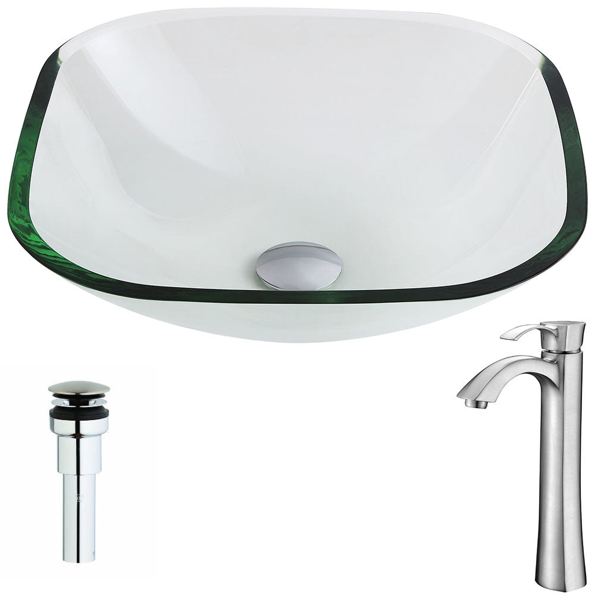 ANZZI, ANZZI Cadenza Series 17" x 17" Square Shape Lustrous Clear Deco-Glass Vessel Sink With Chrome Pop-Up Drain and Brushed Nickel Harmony Faucet