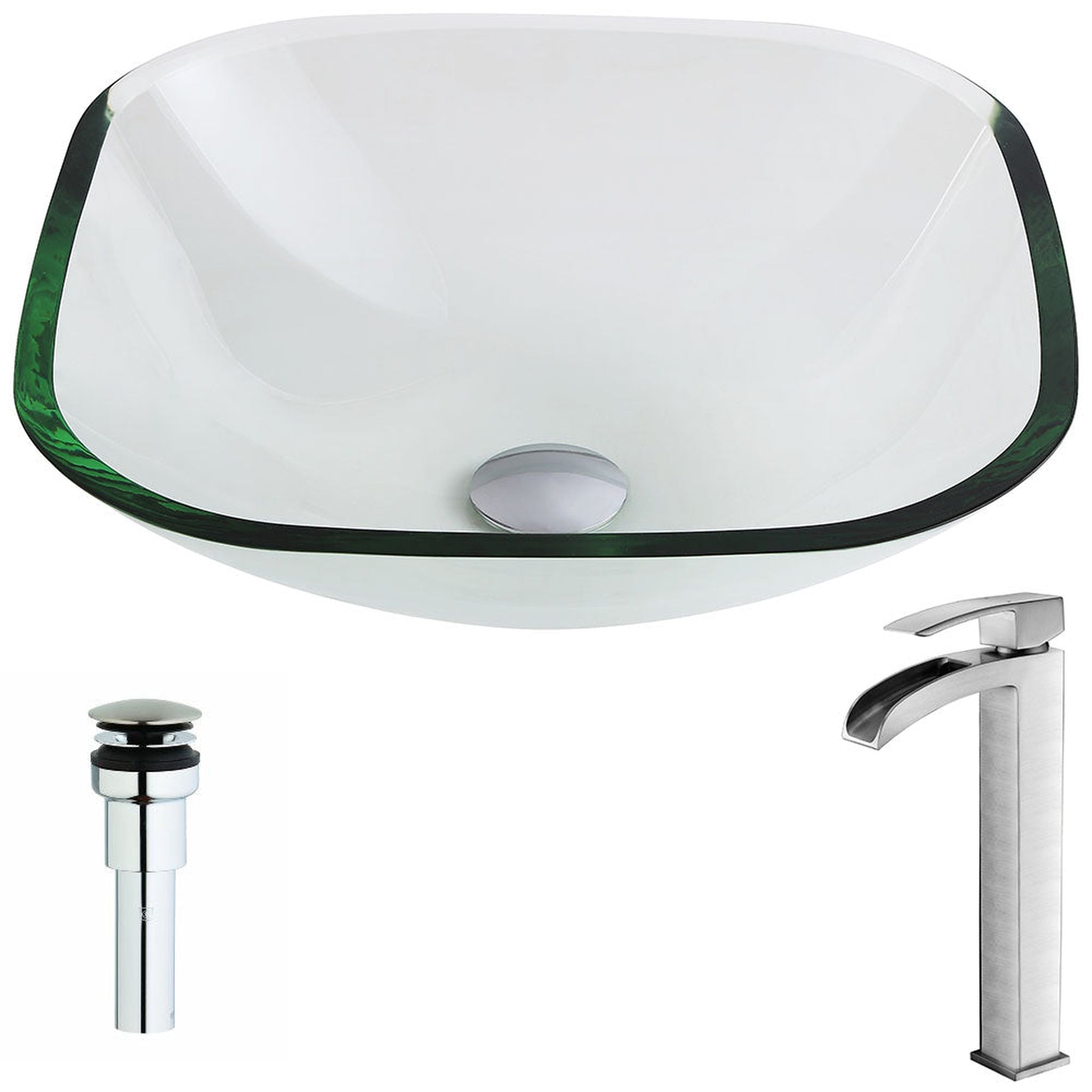 ANZZI, ANZZI Cadenza Series 17" x 17" Square Shape Lustrous Clear Deco-Glass Vessel Sink With Chrome Pop-Up Drain and Brushed Nickel Key Faucet