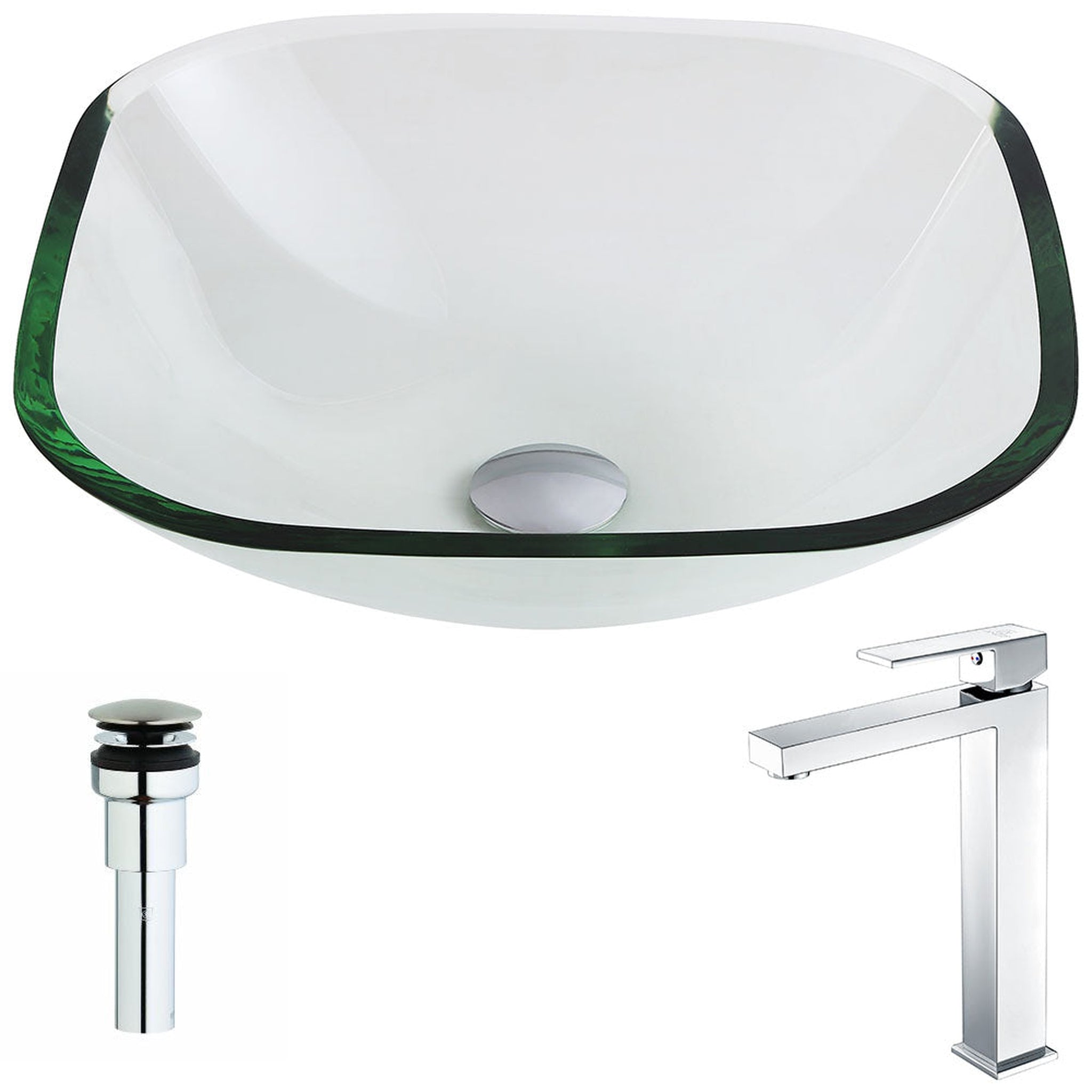 ANZZI, ANZZI Cadenza Series 17" x 17" Square Shape Lustrous Clear Deco-Glass Vessel Sink With Chrome Pop-Up Drain and Enti Faucet