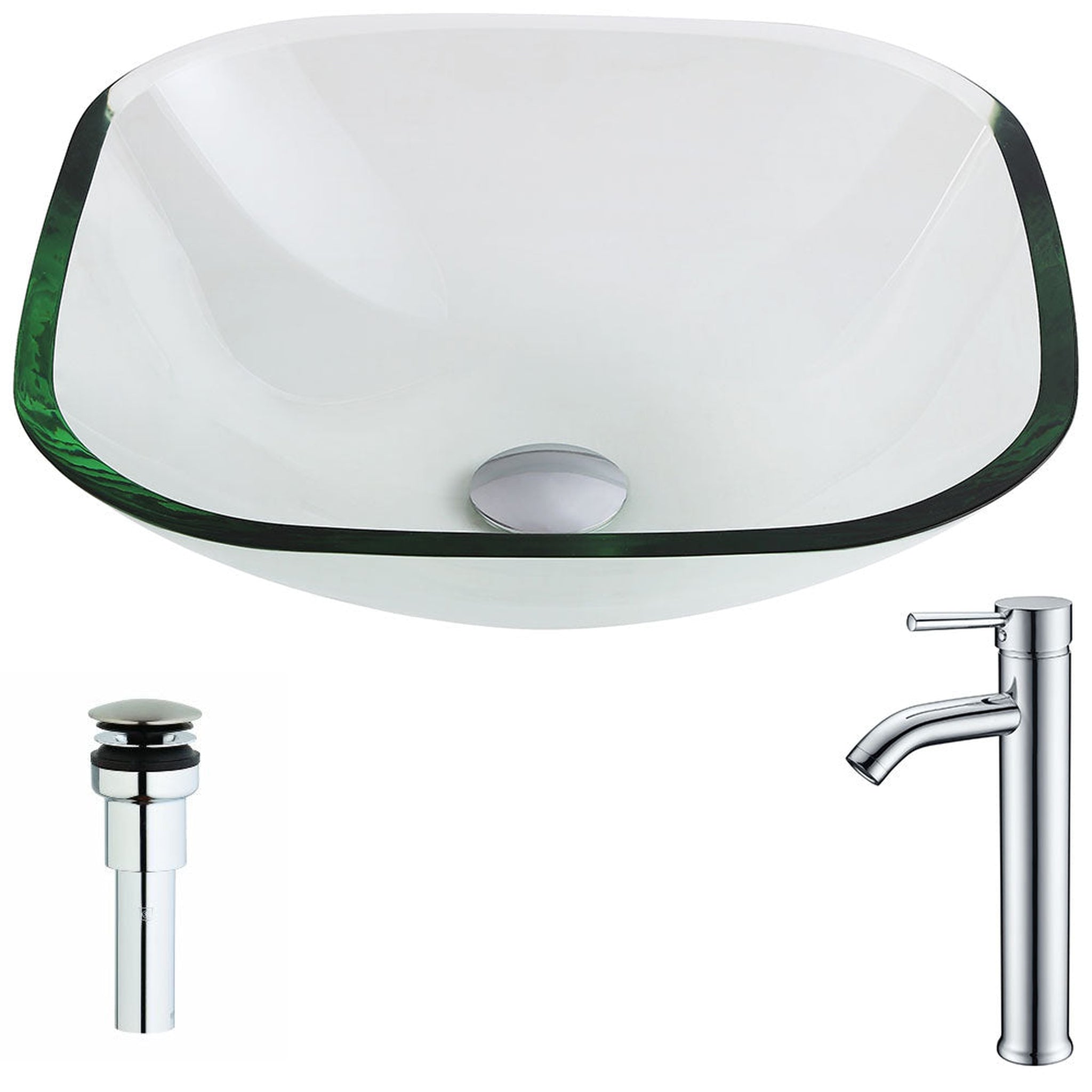 ANZZI, ANZZI Cadenza Series 17" x 17" Square Shape Lustrous Clear Deco-Glass Vessel Sink With Chrome Pop-Up Drain and Fann Faucet