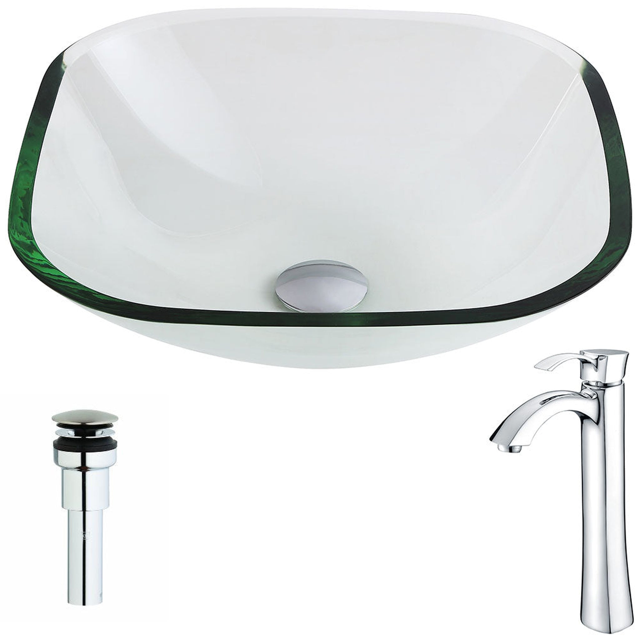 ANZZI, ANZZI Cadenza Series 17" x 17" Square Shape Lustrous Clear Deco-Glass Vessel Sink With Chrome Pop-Up Drain and Harmony Faucet