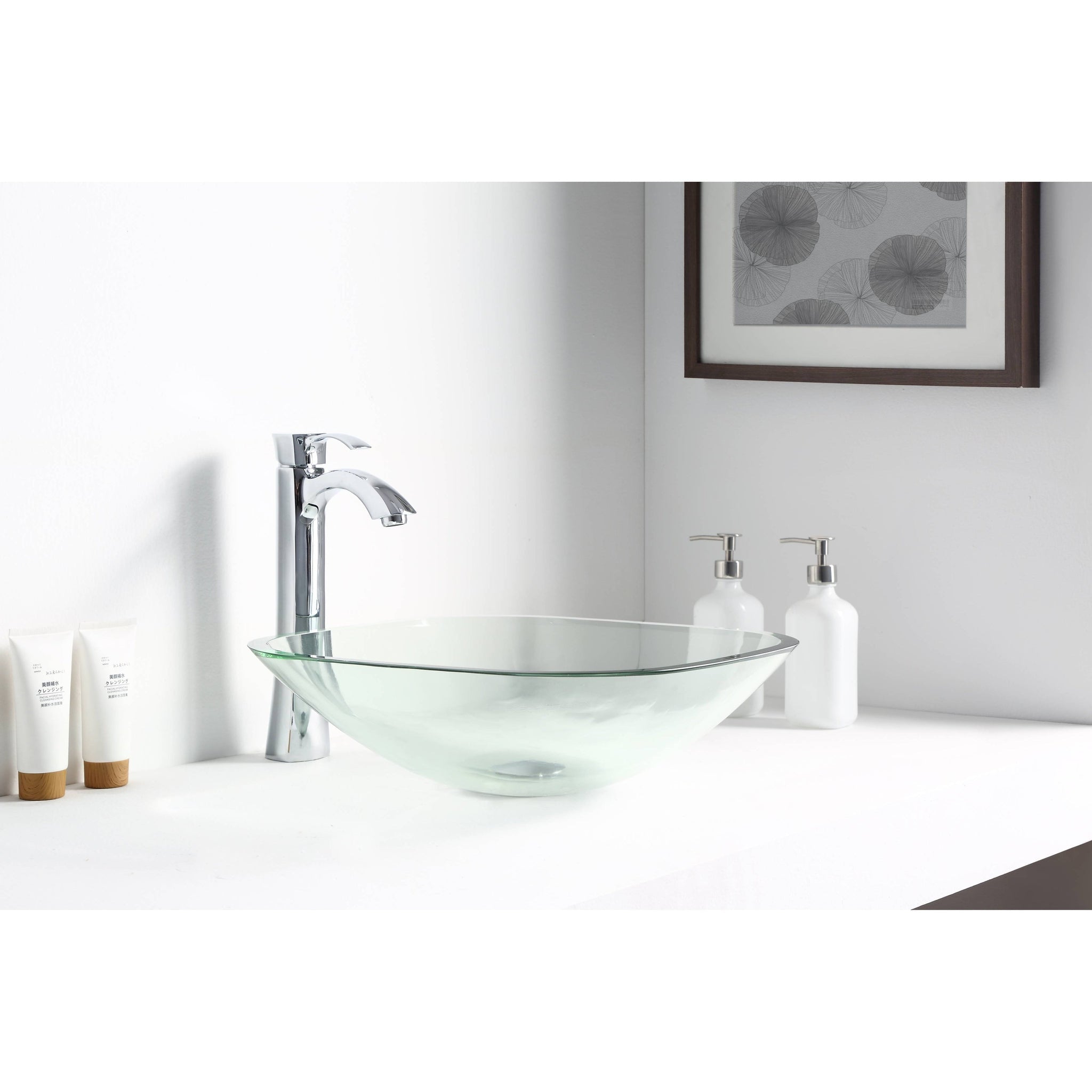 ANZZI, ANZZI Cadenza Series 17" x 17" Square Shape Lustrous Clear Deco-Glass Vessel Sink With Polished Chrome Pop-Up Drain