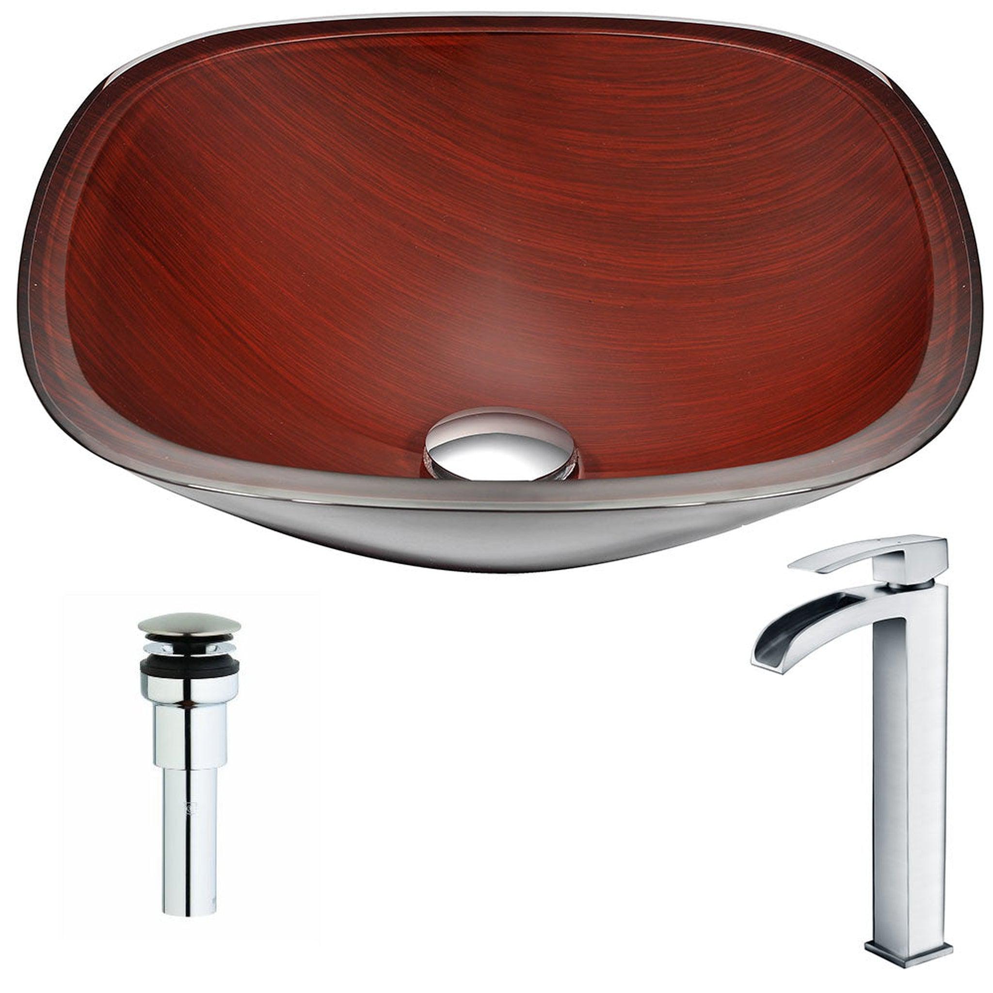 ANZZI, ANZZI Cansa Series 16" x 16" Square Shape Rich Timber Deco-Glass Vessel Sink With Chrome Pop-Up Drain and Key Faucet