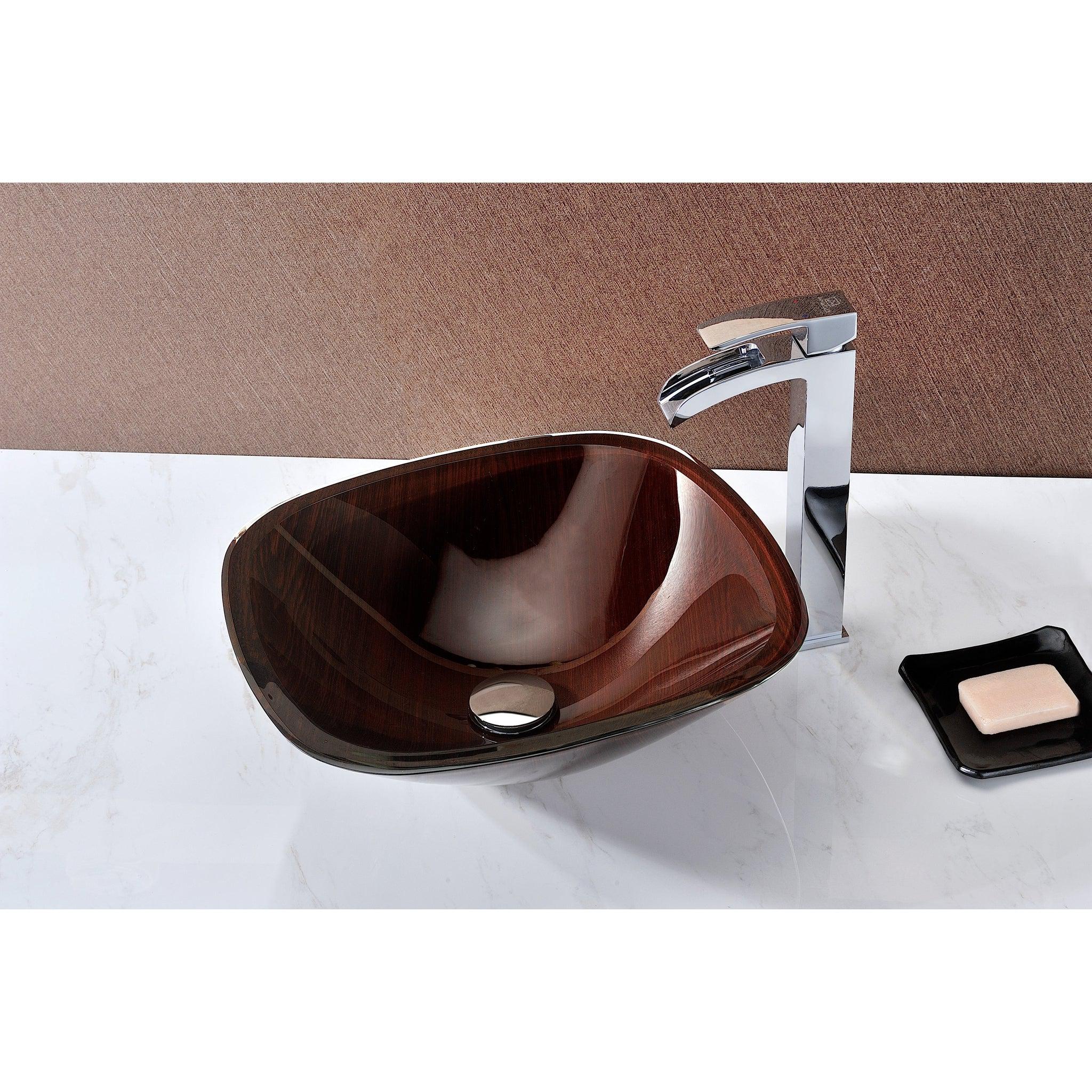 ANZZI, ANZZI Cansa Series 16" x 16" Square Shape Rich Timber Deco-Glass Vessel Sink With Polished Chrome Pop-Up Drain