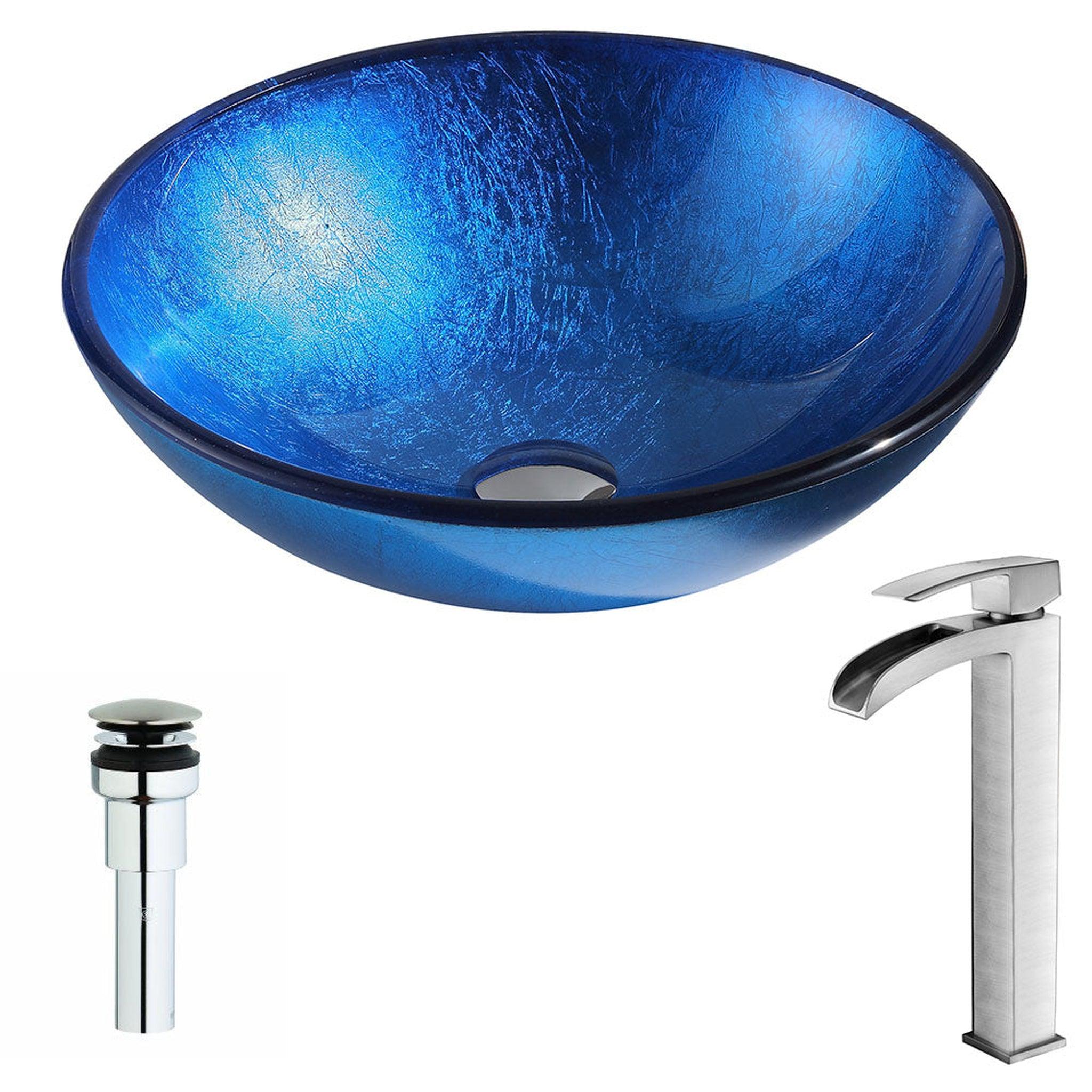 ANZZI, ANZZI Clavier Series 17" x 17" Round Lustrous Blue Deco-Glass Vessel Sink With Polished Chrome Pop-Up Drain and Brushed Nickel Key Faucet