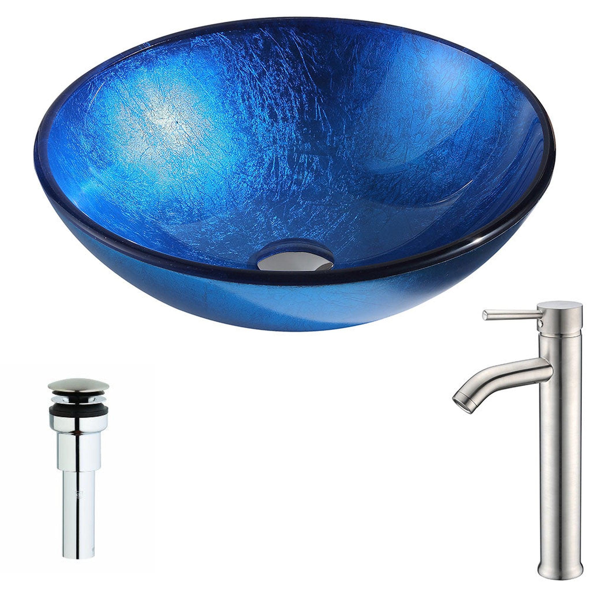 ANZZI, ANZZI Clavier Series 17" x 17" Round Lustrous Blue Deco-Glass Vessel Sink With Polished Chrome Pop-Up Drain and Fann Faucet