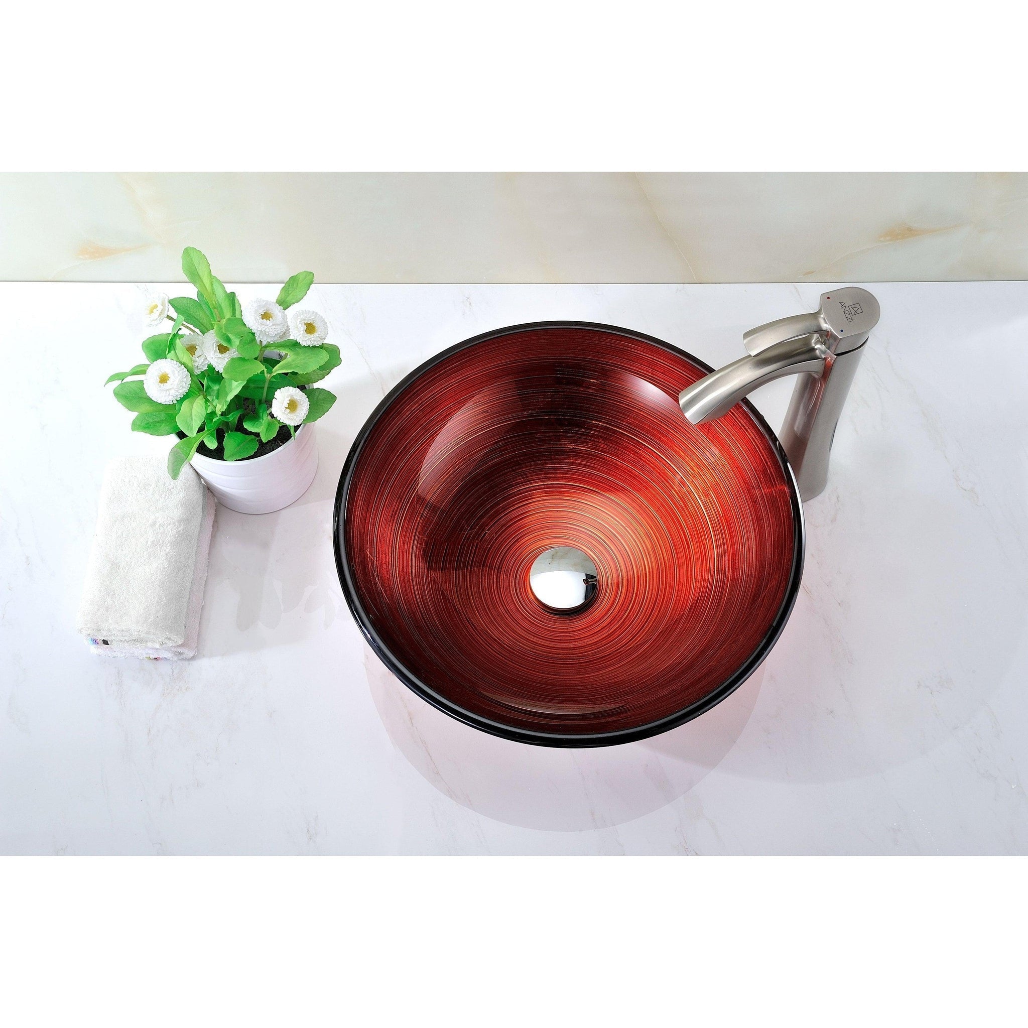 ANZZI, ANZZI Echo Series 17" x 17" Round Deco-Glass Lustrous Red Vessel Sink With Polished Chrome Pop-Up Drain