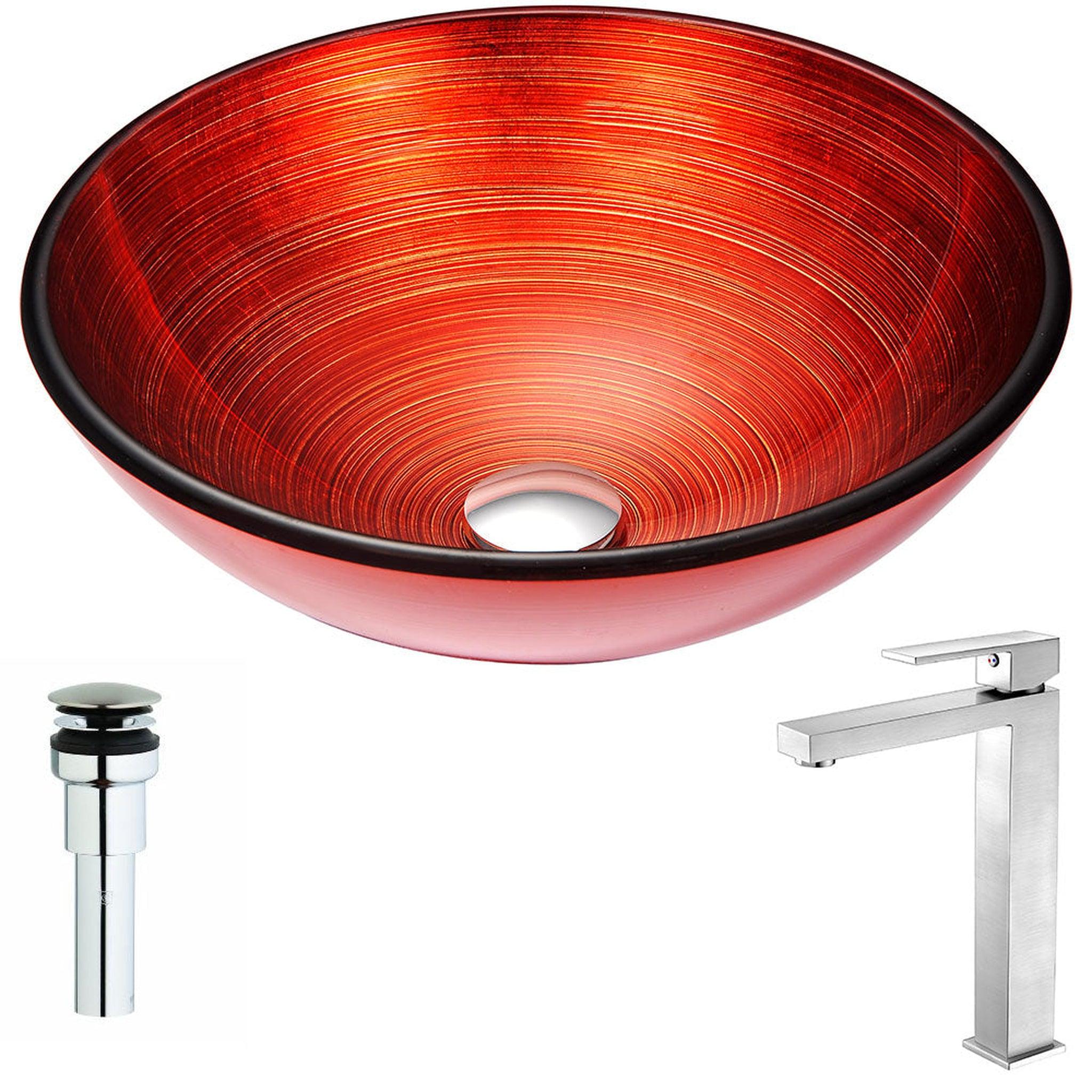 ANZZI, ANZZI Echo Series 17" x 17" Round Lustrous Red Deco-Glass Vessel Sink With Chrome Pop-Up Drain and Brushed Nickel Enti Faucet