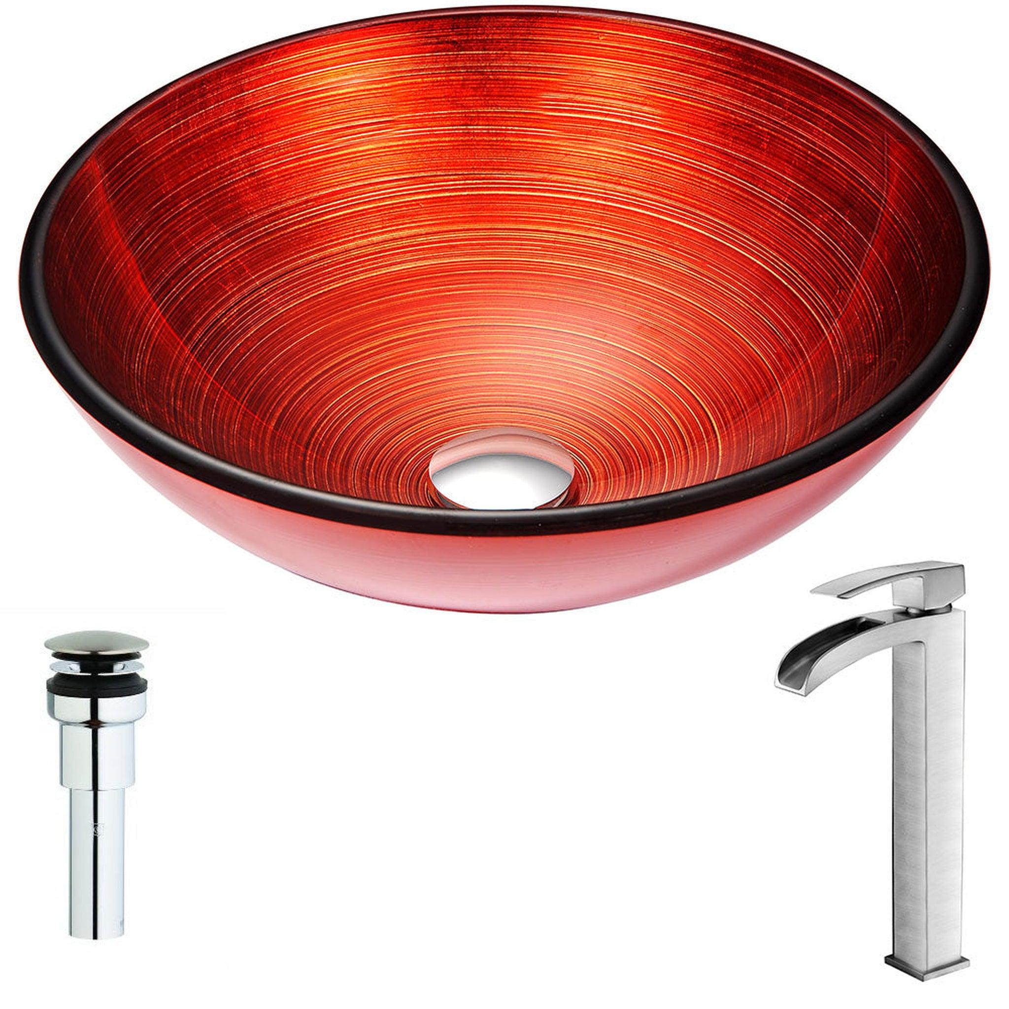 ANZZI, ANZZI Echo Series 17" x 17" Round Lustrous Red Deco-Glass Vessel Sink With Chrome Pop-Up Drain and Brushed Nickel Key Faucet