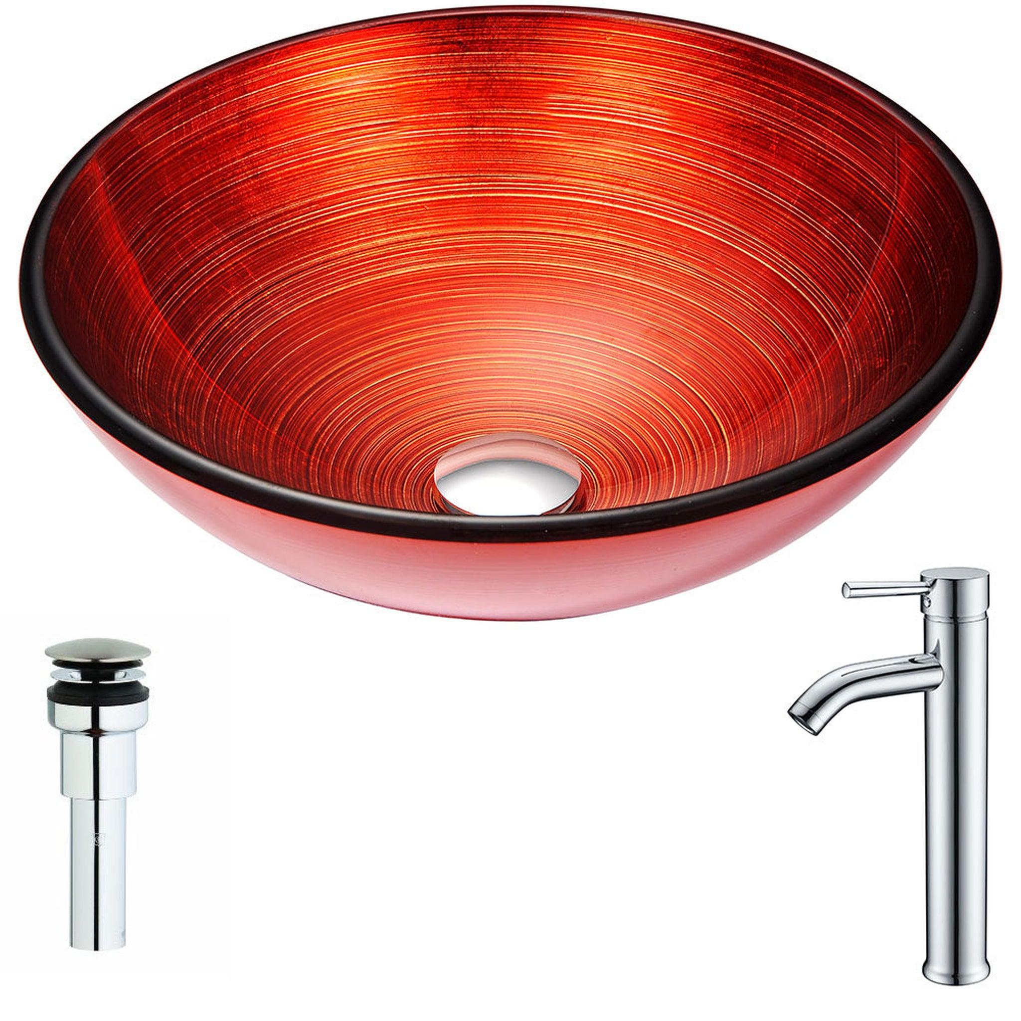 ANZZI, ANZZI Echo Series 17" x 17" Round Lustrous Red Deco-Glass Vessel Sink With Chrome Pop-Up Drain and Fann Faucet