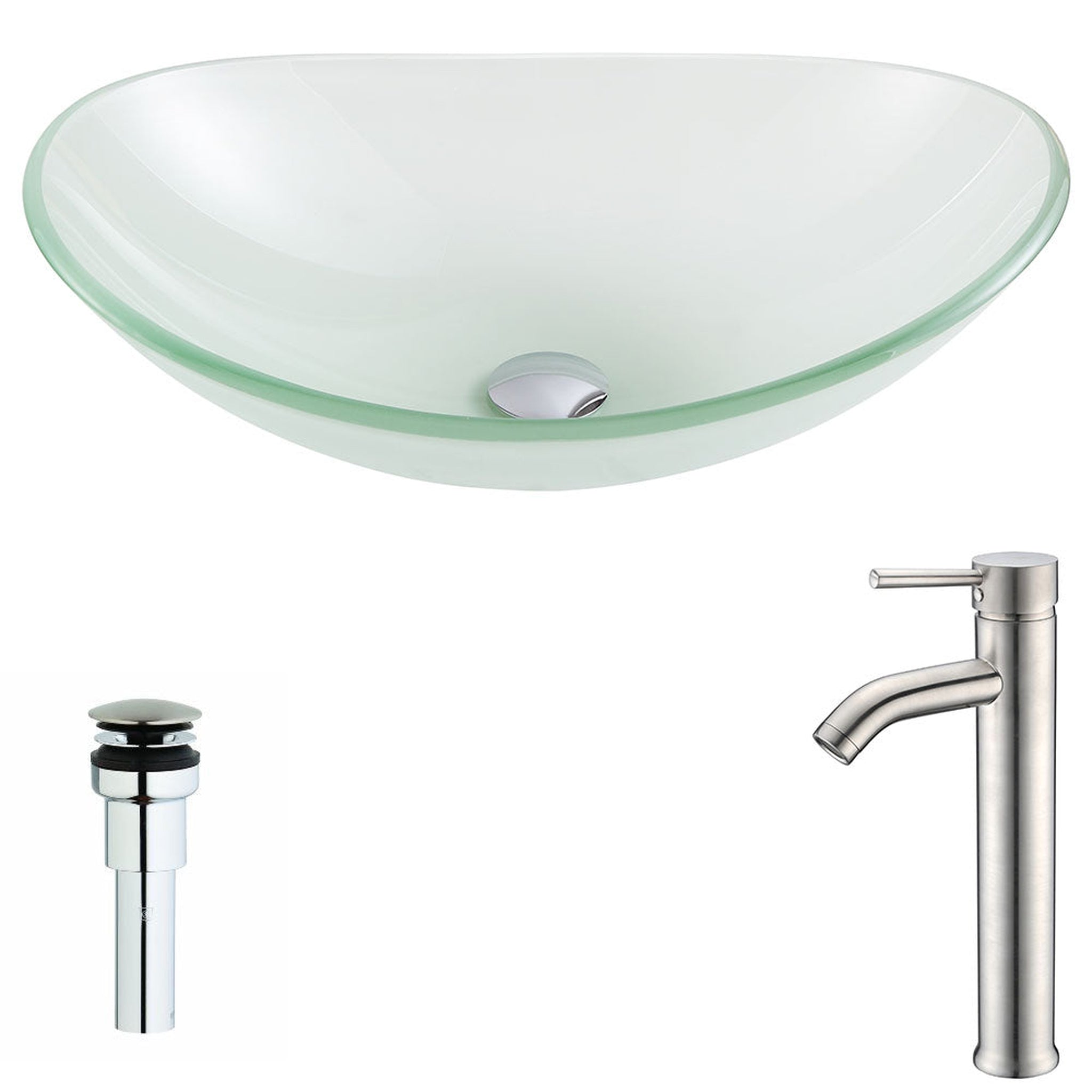 ANZZI, ANZZI Forza Series 15" x 15" Oval Shape Lustrous Frosted Deco-Glass Vessel Sink With Polished Chrome Pop-Up Drain and Brushed Nickel Fann Faucet