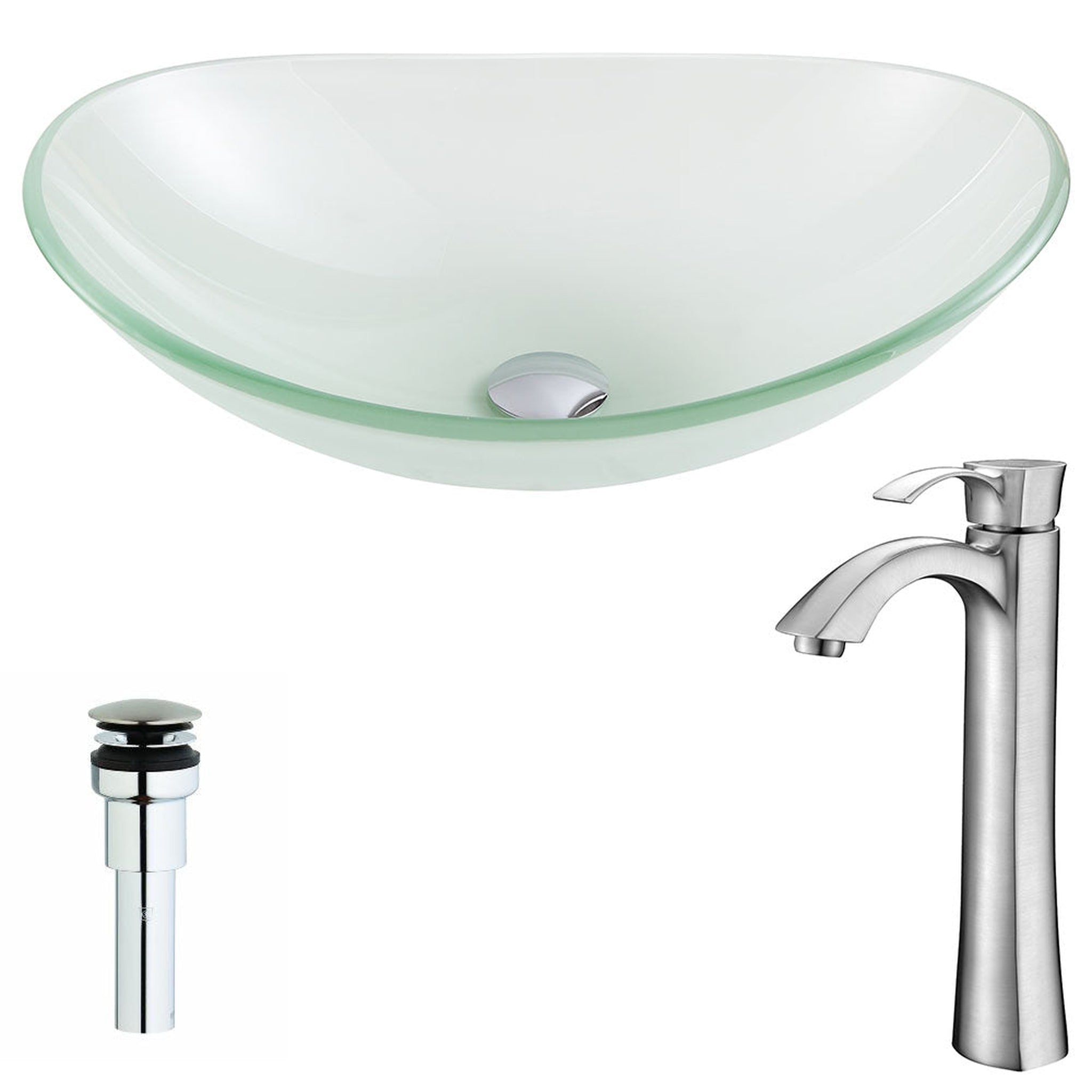 ANZZI, ANZZI Forza Series 15" x 15" Oval Shape Lustrous Frosted Deco-Glass Vessel Sink With Polished Chrome Pop-Up Drain and Brushed Nickel Harmony Faucet