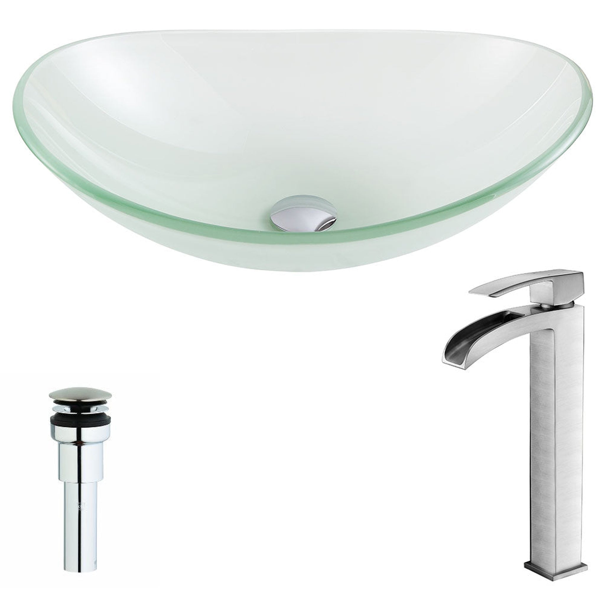 ANZZI, ANZZI Forza Series 15" x 15" Oval Shape Lustrous Frosted Deco-Glass Vessel Sink With Polished Chrome Pop-Up Drain and Brushed Nickel Key Faucet