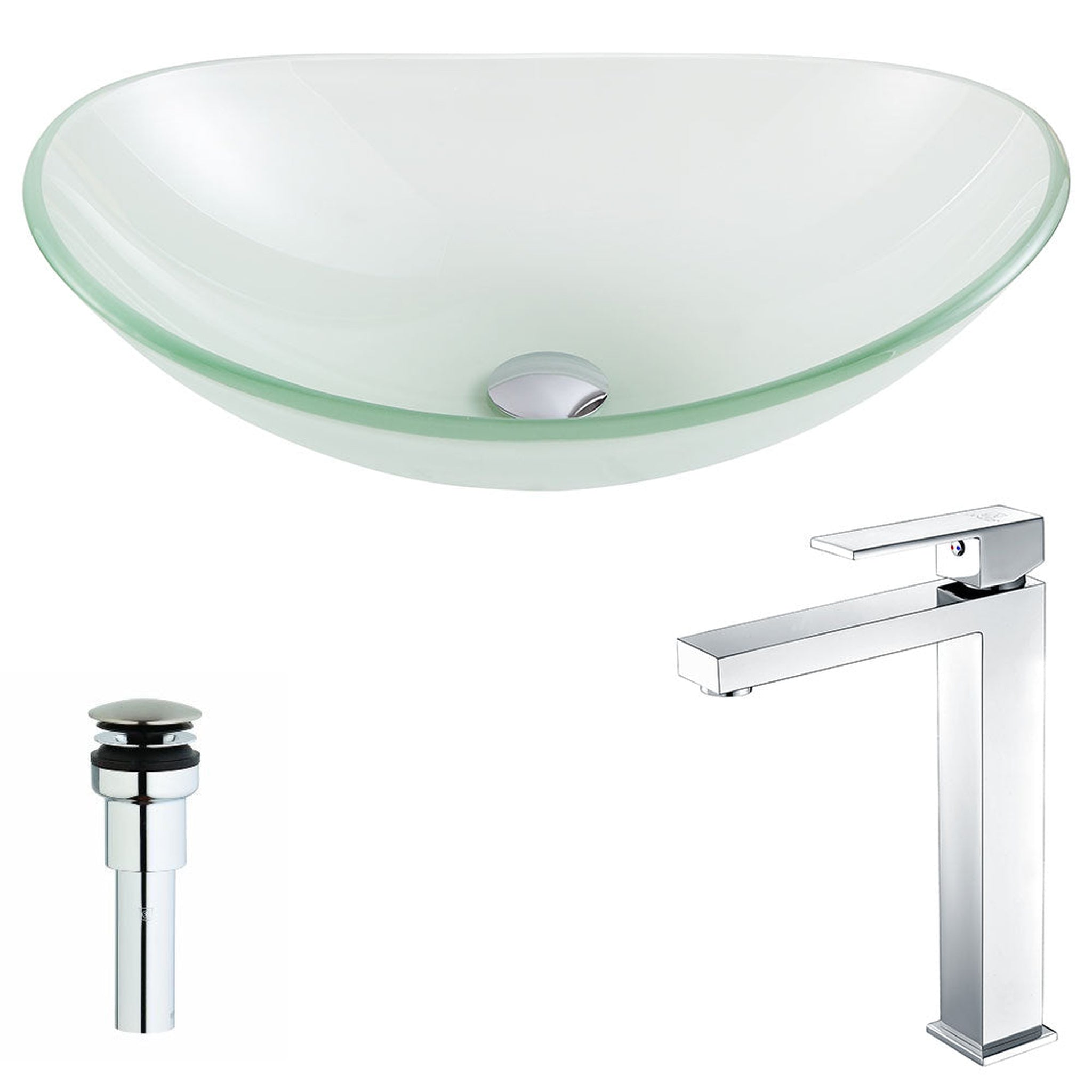 ANZZI, ANZZI Forza Series 15" x 15" Oval Shape Lustrous Frosted Deco-Glass Vessel Sink With Polished Chrome Pop-Up Drain and Enti Faucet