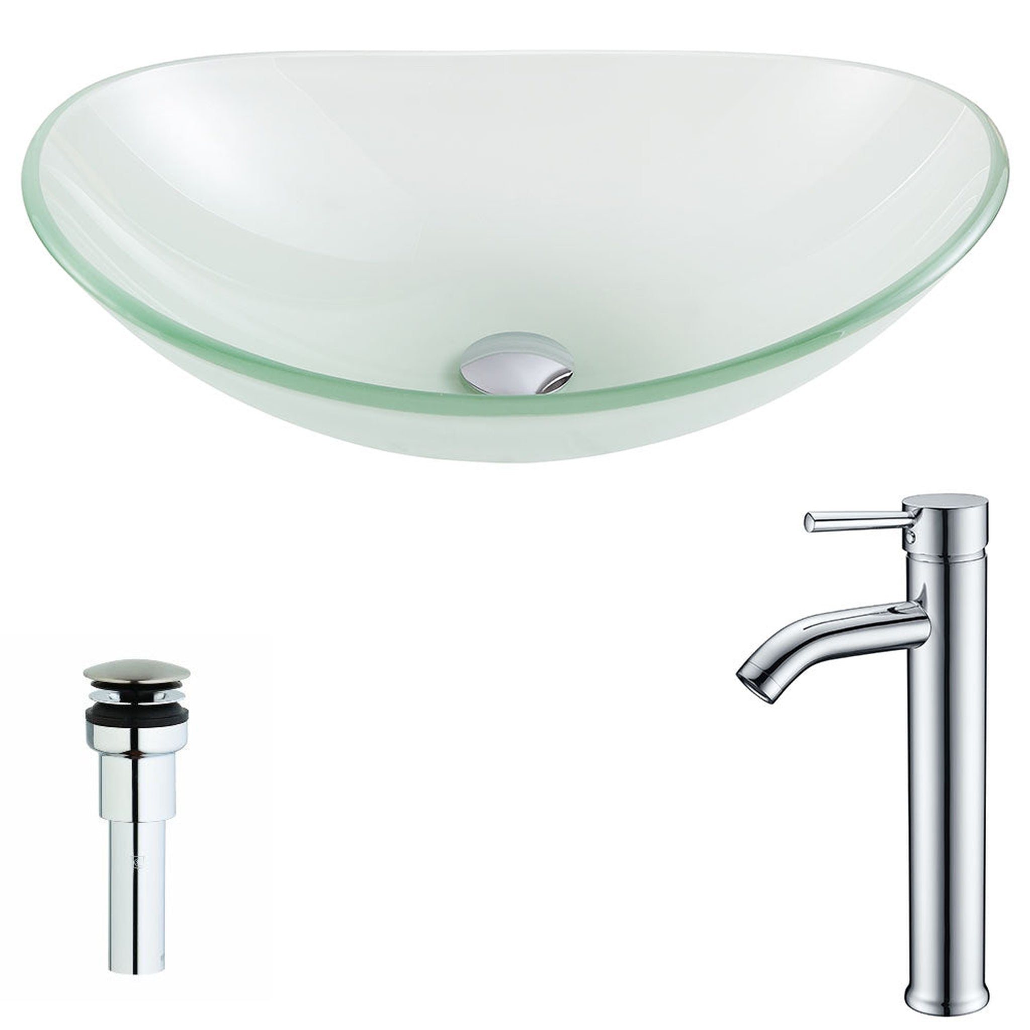 ANZZI, ANZZI Forza Series 15" x 15" Oval Shape Lustrous Frosted Deco-Glass Vessel Sink With Polished Chrome Pop-Up Drain and Fann Faucet