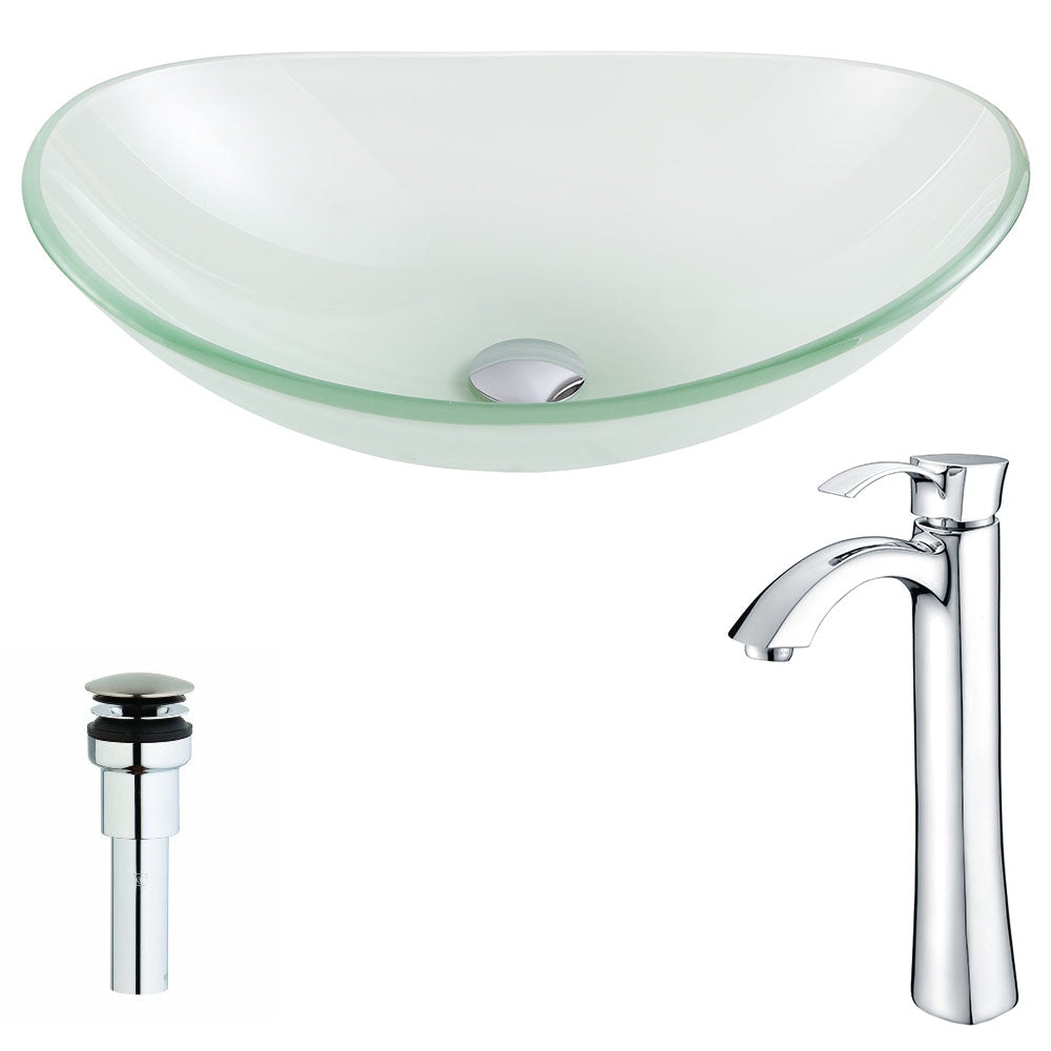 ANZZI, ANZZI Forza Series 15" x 15" Oval Shape Lustrous Frosted Deco-Glass Vessel Sink With Polished Chrome Pop-Up Drain and Harmony Faucet