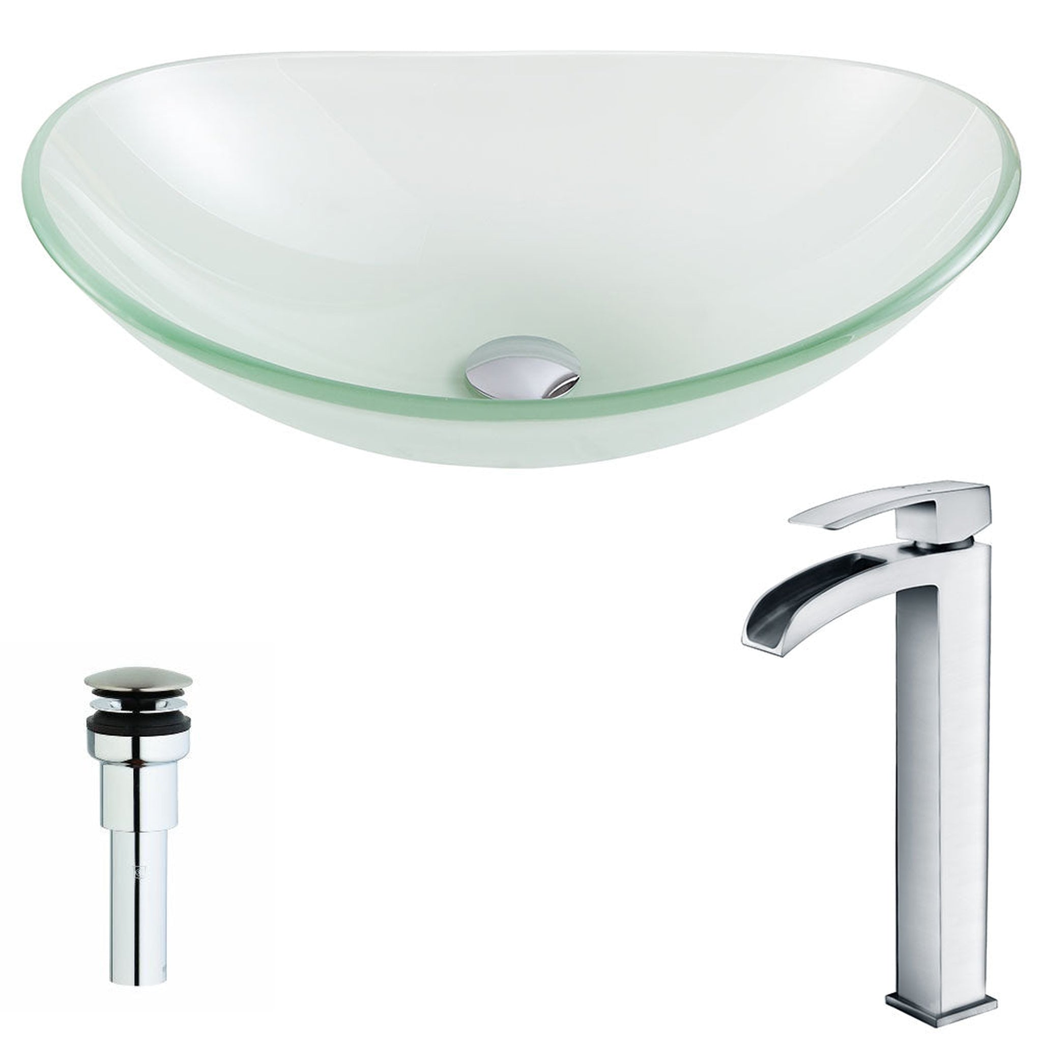 ANZZI, ANZZI Forza Series 15" x 15" Oval Shape Lustrous Frosted Deco-Glass Vessel Sink With Polished Chrome Pop-Up Drain and Key Faucet