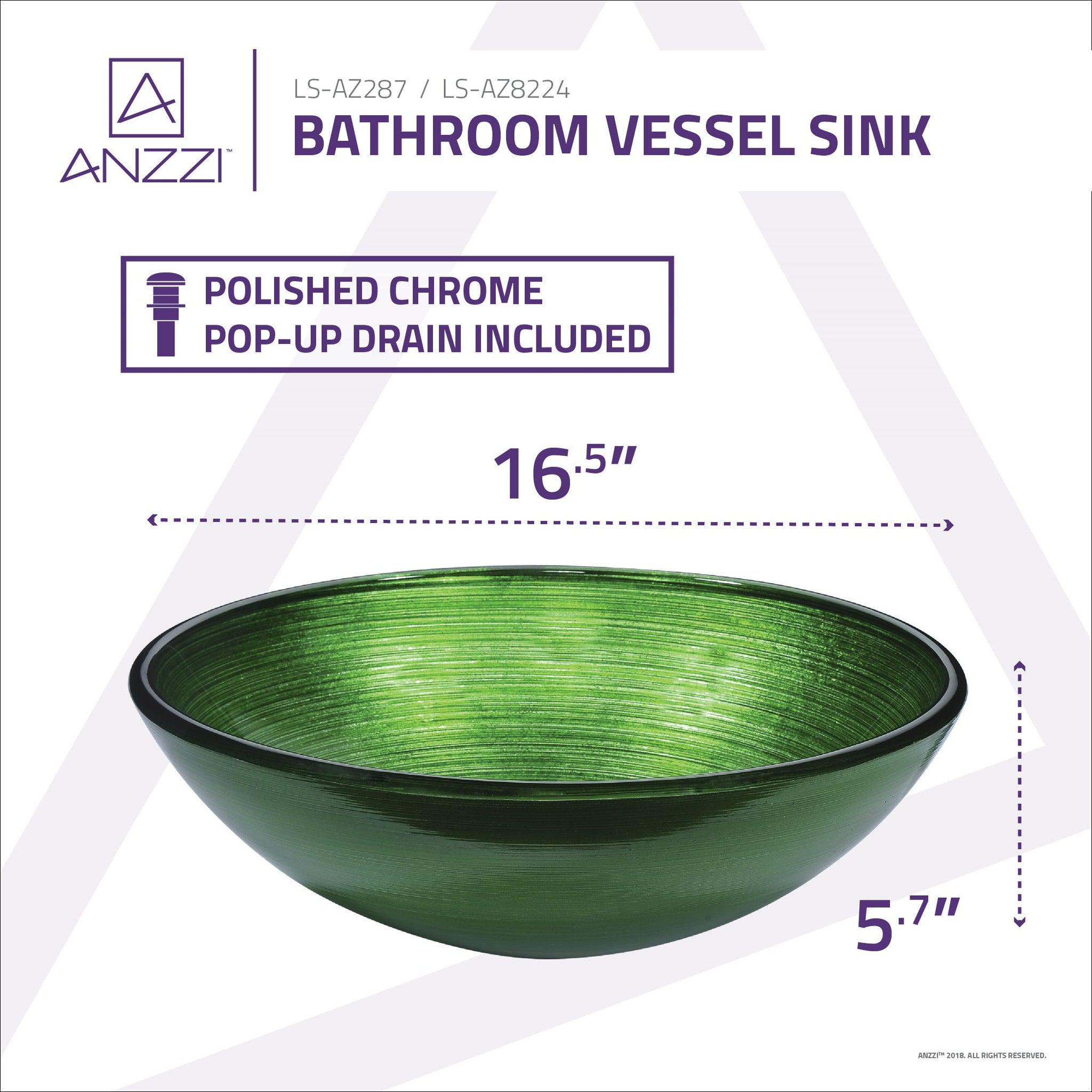 ANZZI, ANZZI Gardena Series 17" x 17" Round Brushed Green Deco-Glass Vessel Sink With Polished Chrome Pop-Up Drain