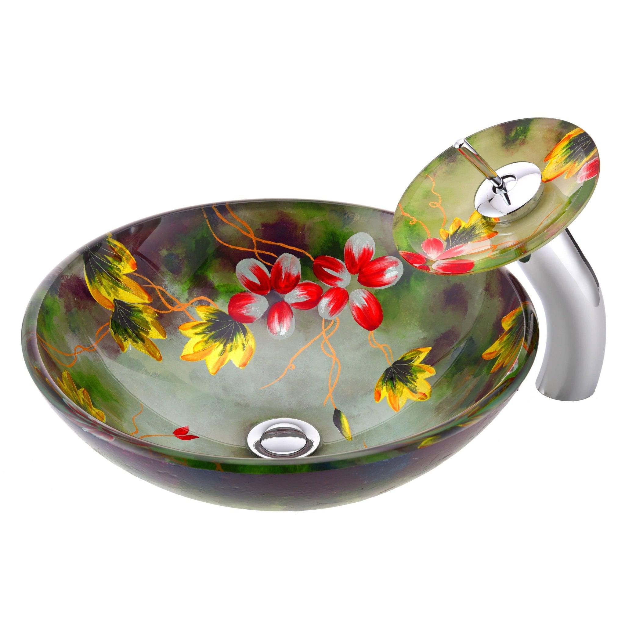 ANZZI, ANZZI Impasto Series 17" x 17" Round Green Painted Mural Vessel Sink With Polished Chrome Pop-Up Drain