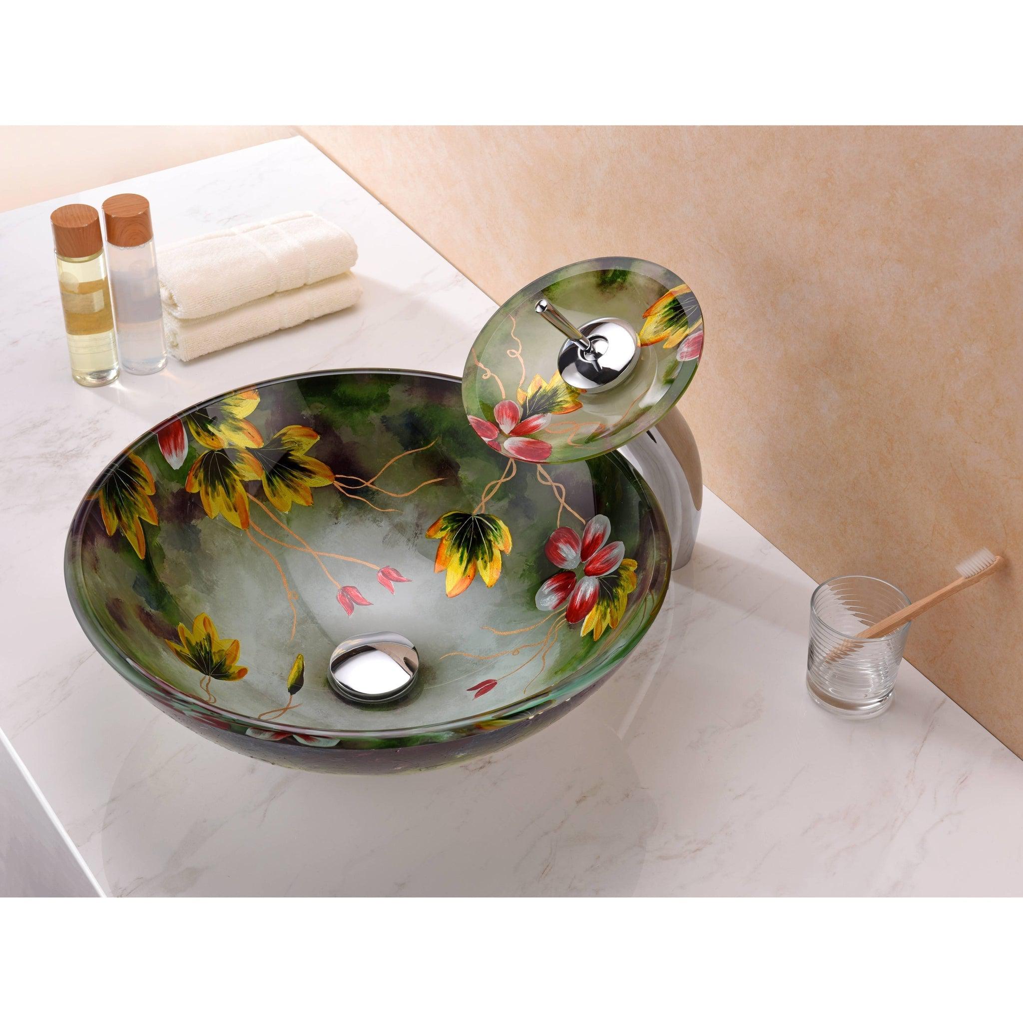 ANZZI, ANZZI Impasto Series 17" x 17" Round Green Painted Mural Vessel Sink With Polished Chrome Pop-Up Drain