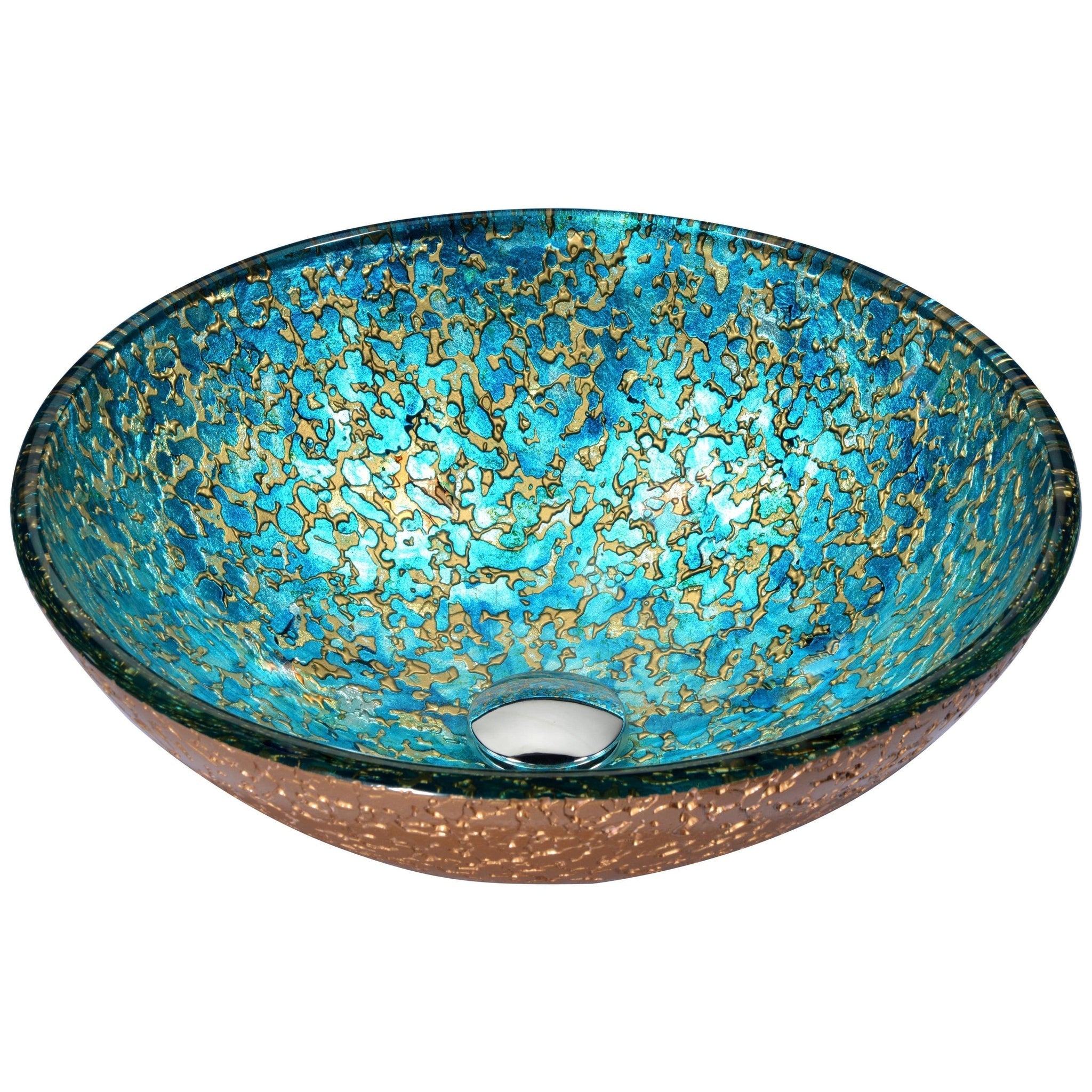 ANZZI, ANZZI Makata Series 17" x 17" Round Gold and Cyan Deco-Glass Vessel Sink With Polished Chrome Pop-Up Drain