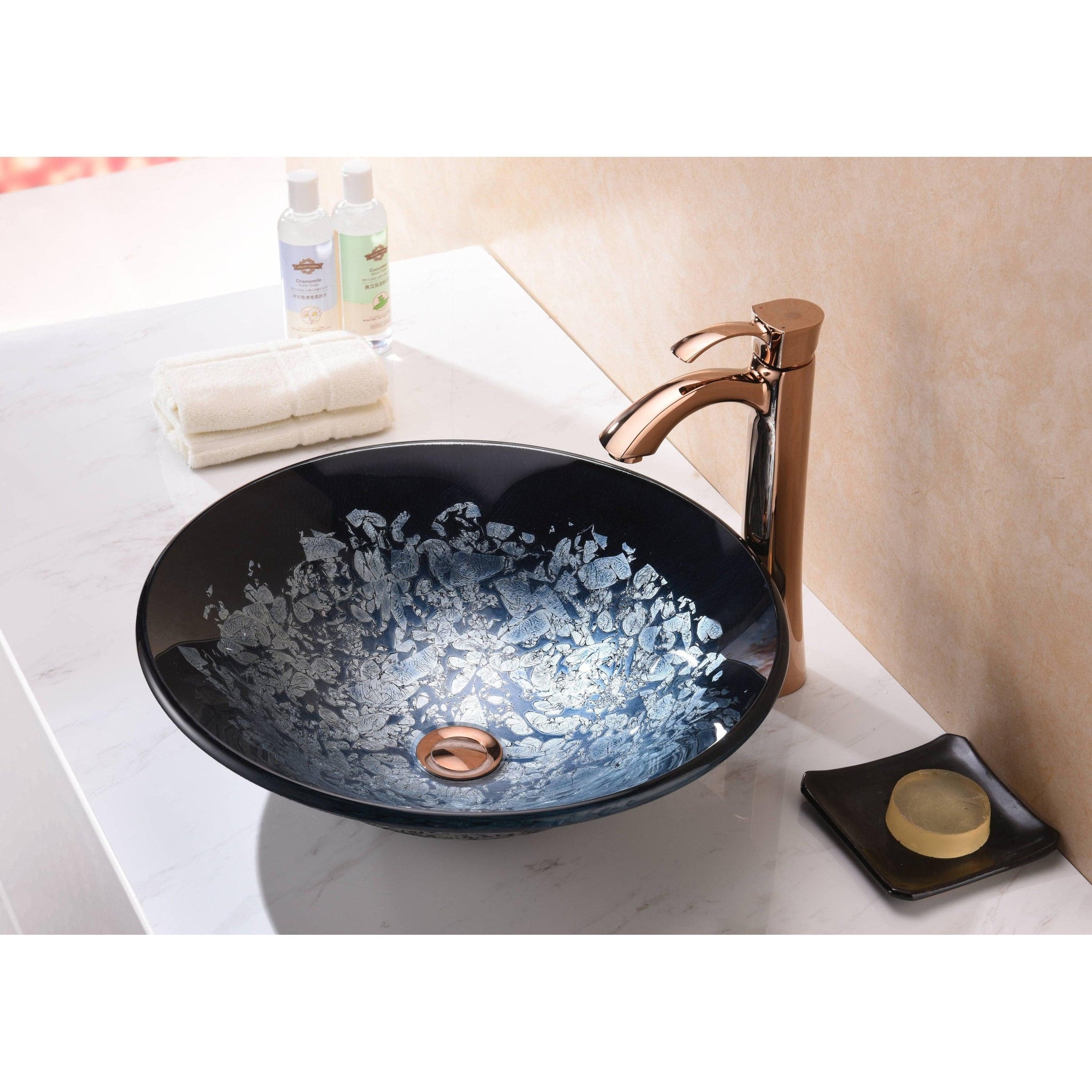 ANZZI, ANZZI Makata Series 18" x 18" Round Silver Burst Deco-Glass Vessel Sink With Polished Chrome Pop-Up Drain