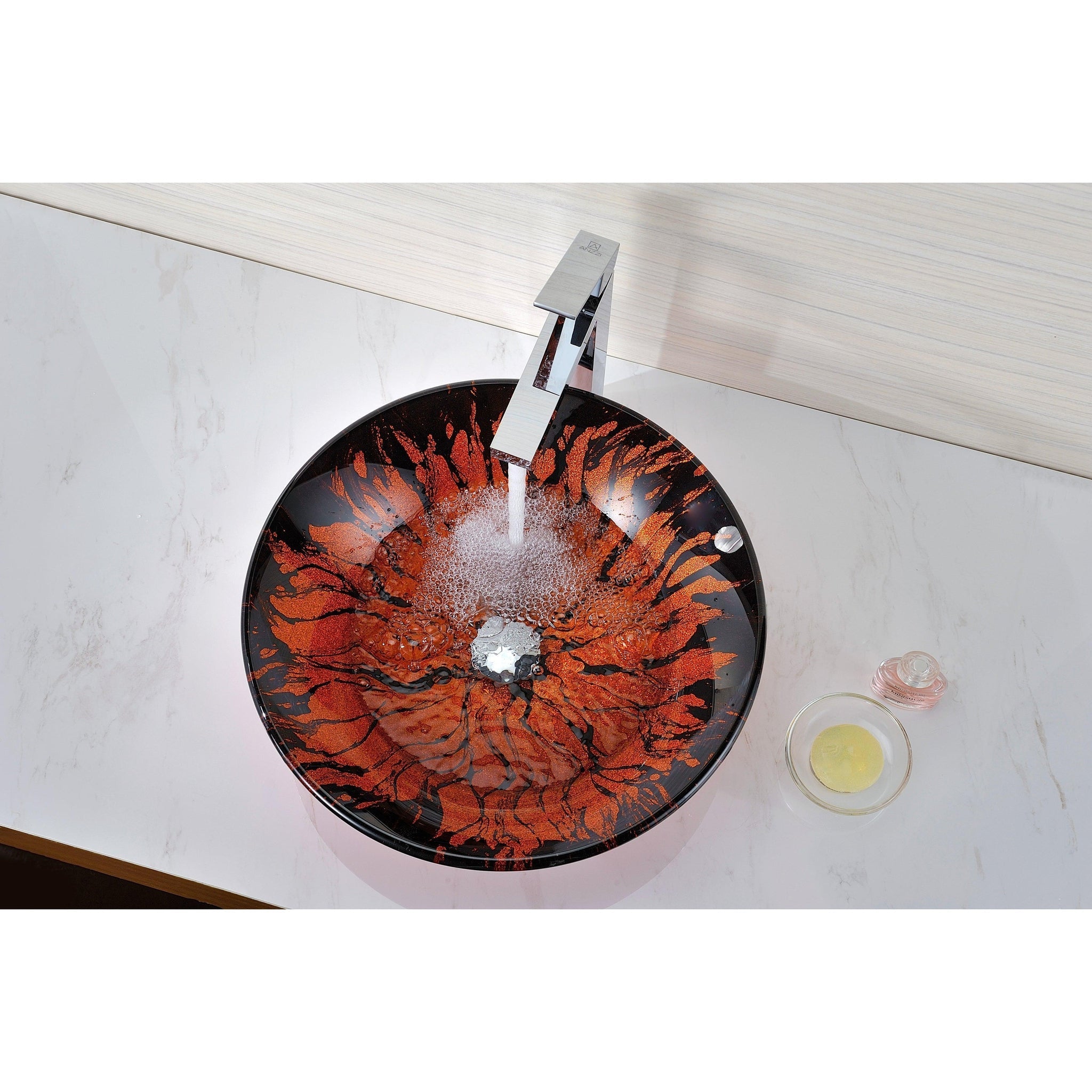 ANZZI, ANZZI Ore Series 18" x 18" Round Lustrous Red and Black Deco-Glass Vessel Sink With Polished Chrome Pop-Up Drain