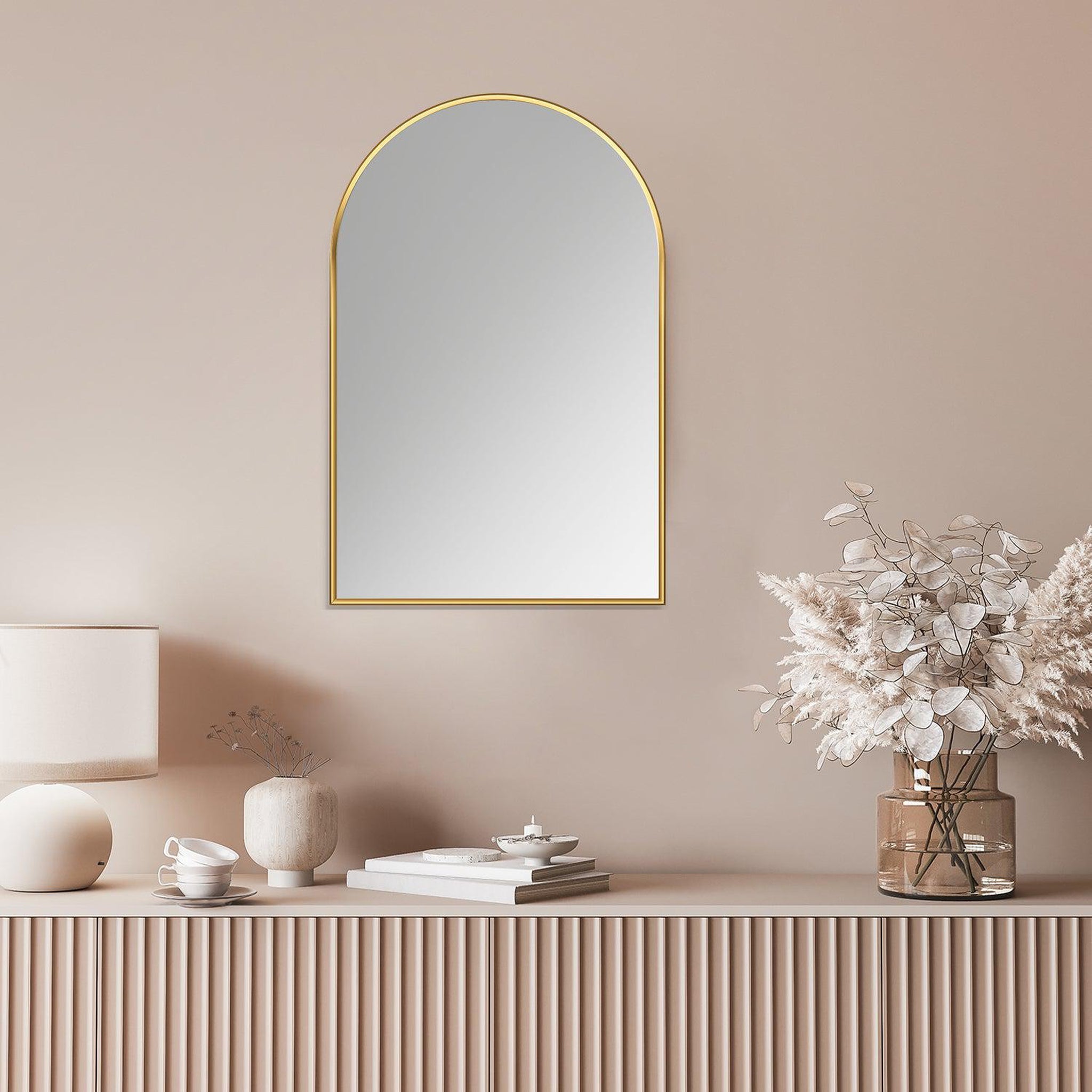 Altair, Altair Benoni 24" x 36" Arch Brushed Gold Aluminum Framed Wall-Mounted Mirror