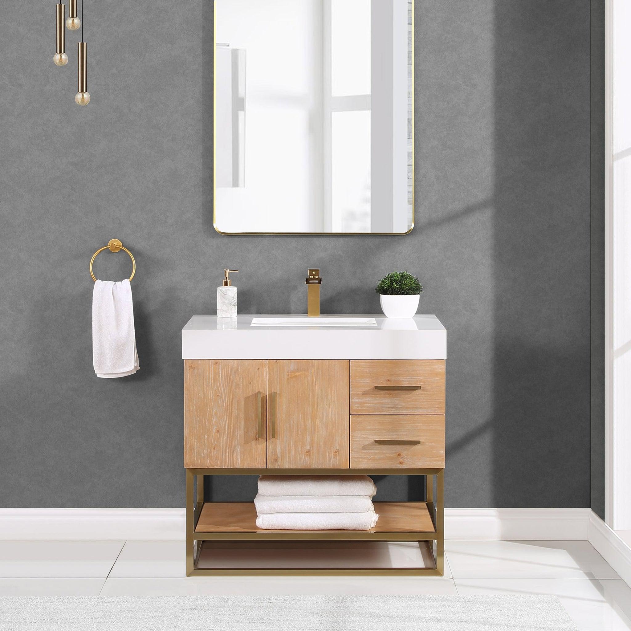 Altair, Altair Bianco 36" Light Brown Freestanding Single Bathroom Vanity Set With Brushed Gold Support Base, White Composite Stone Top, Single Rectangular Undermount Ceramic Sink, and Overflow